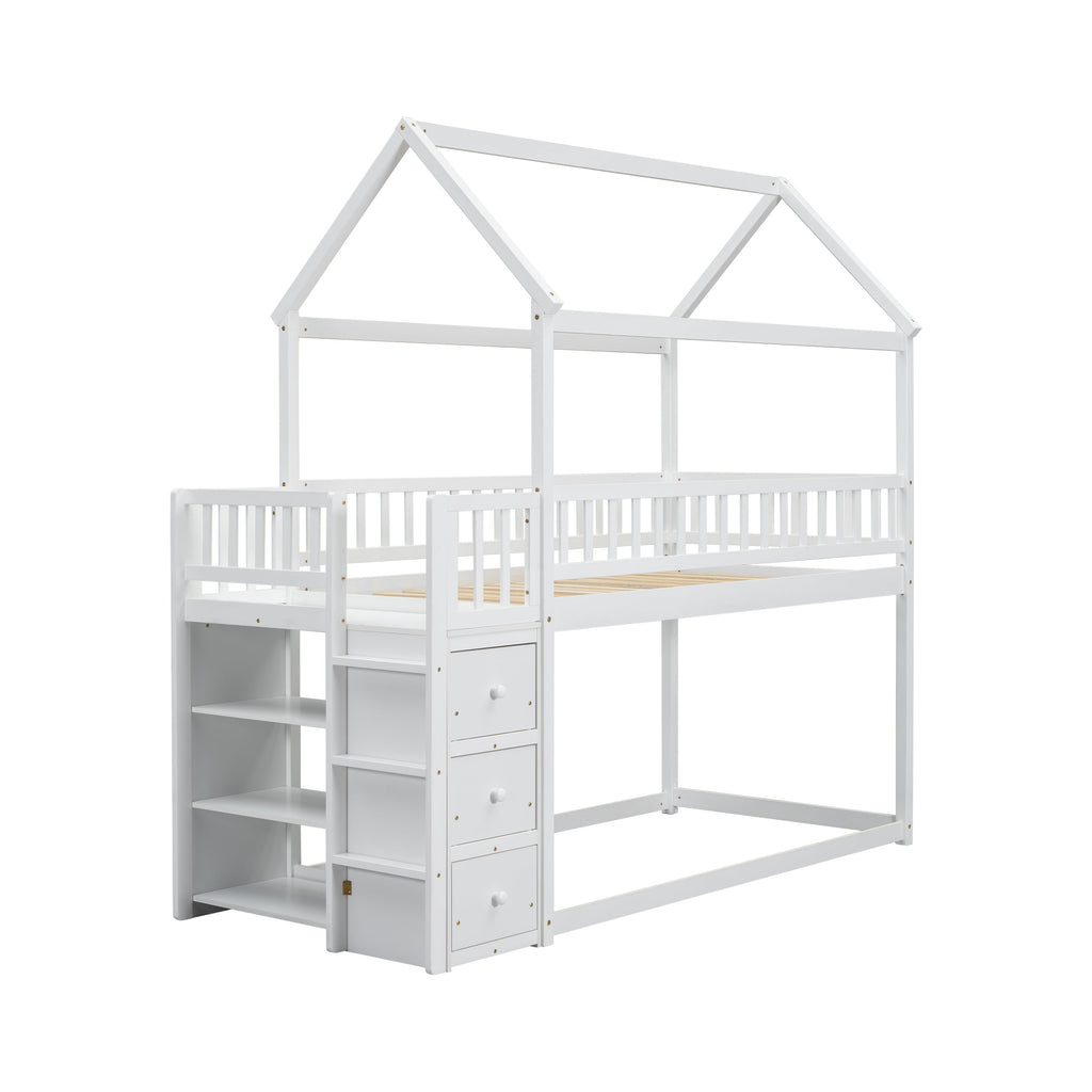 Twin House Bunk Bed with Shelves and Drawers