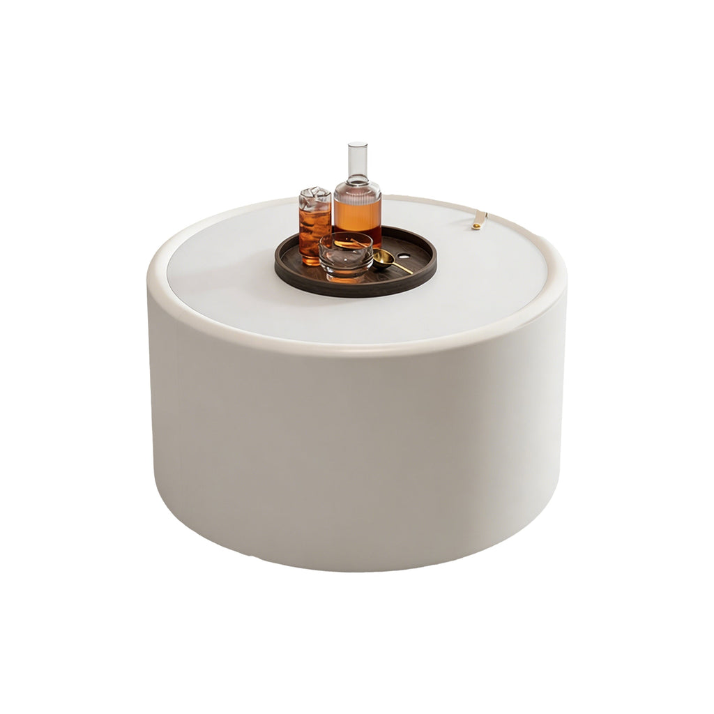28“  PU Leather Round Coffee Table with Tempered Glass Top