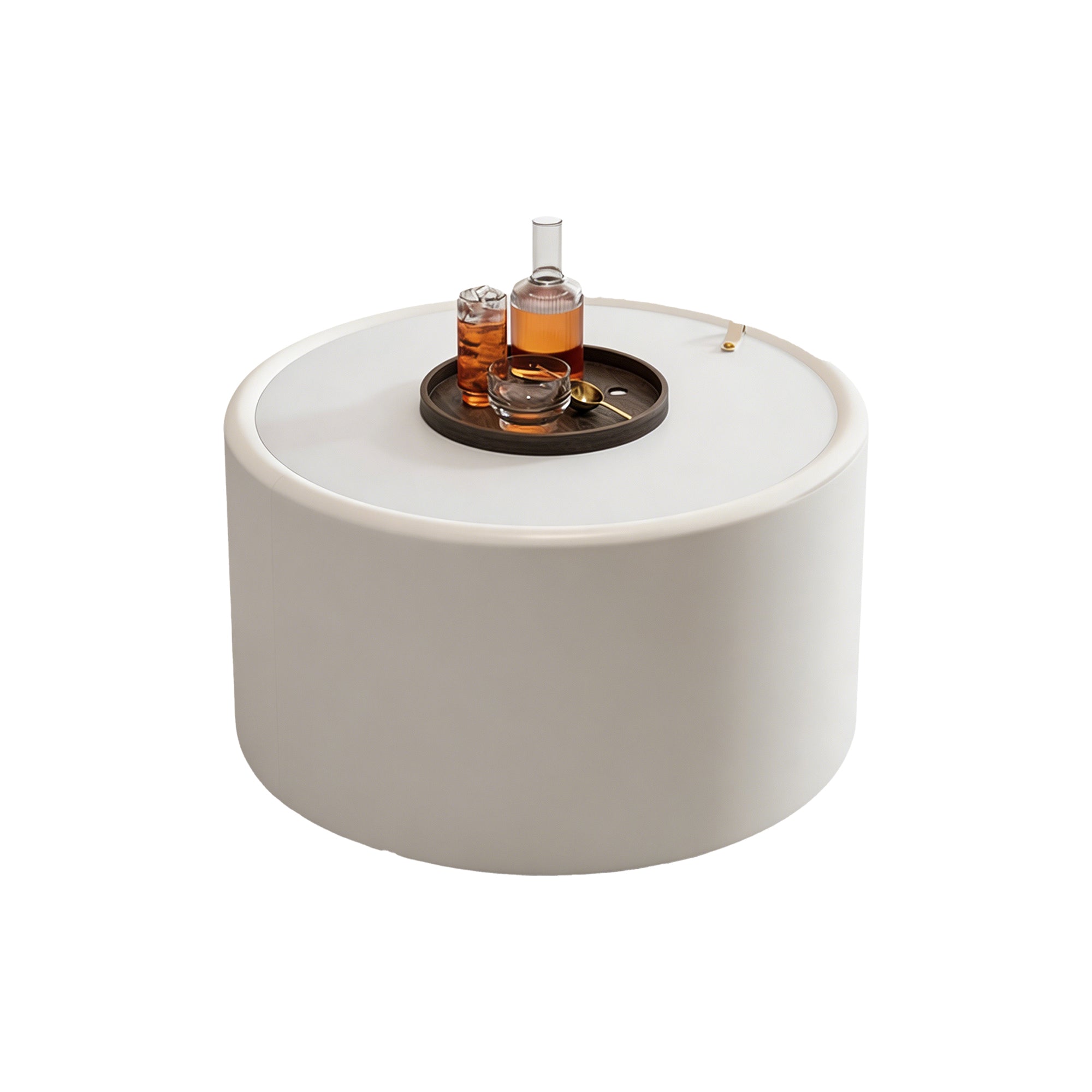 28“  PU Leather Round Coffee Table with Tempered Glass Top