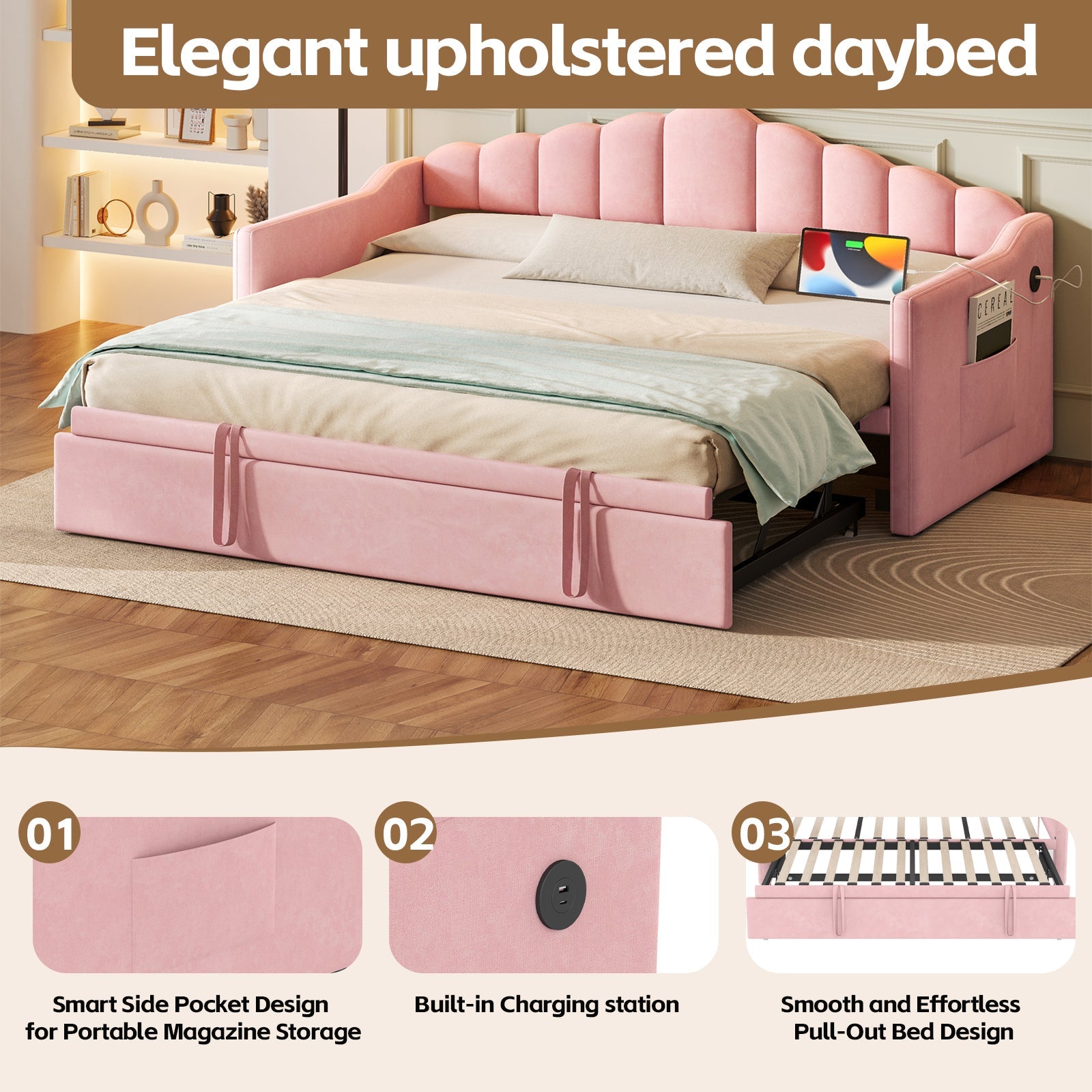 Upholstered Twin Size Daybed with Adjustable Height