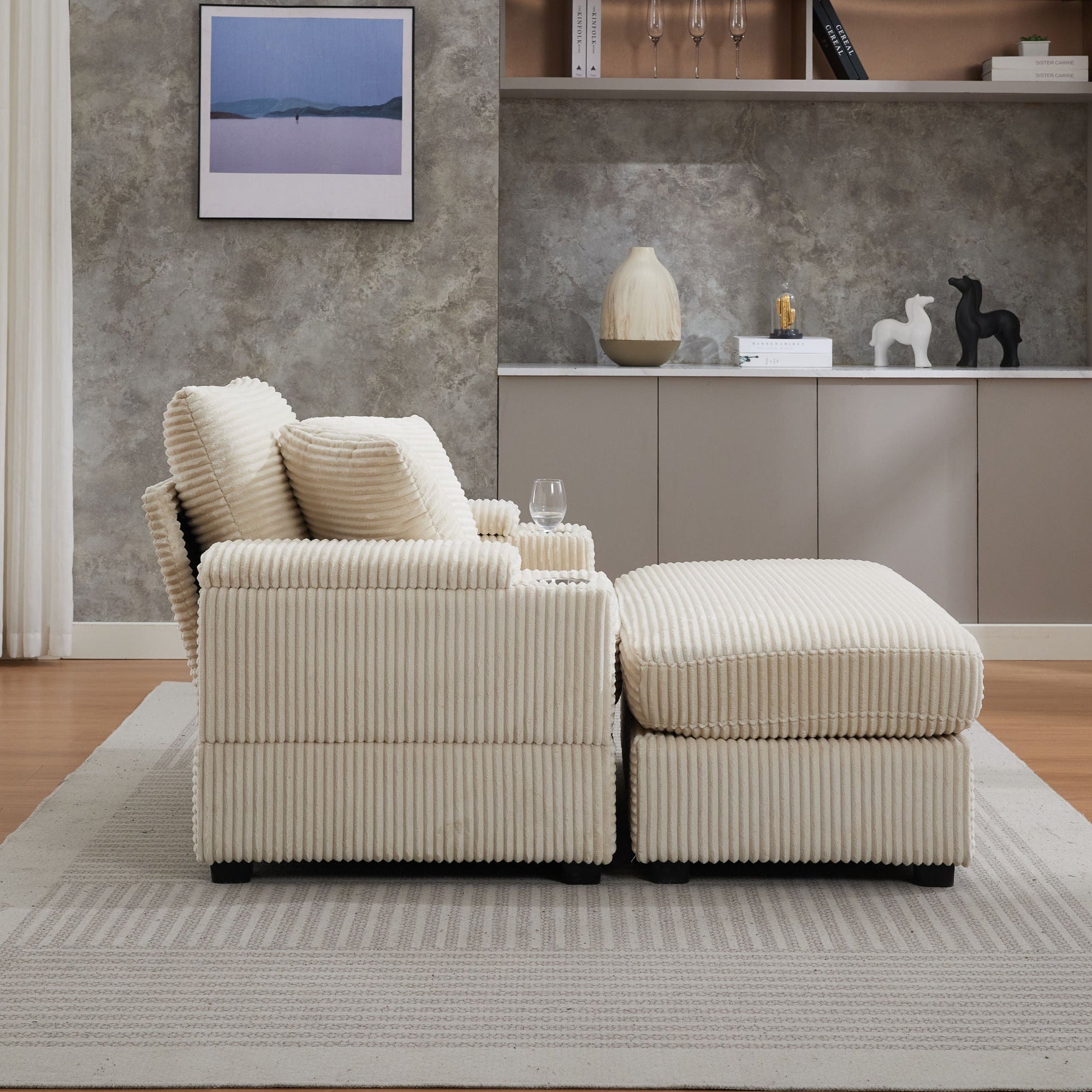 Corduroy Upholstered Chaise Lounge Sofa with Handrail Storage