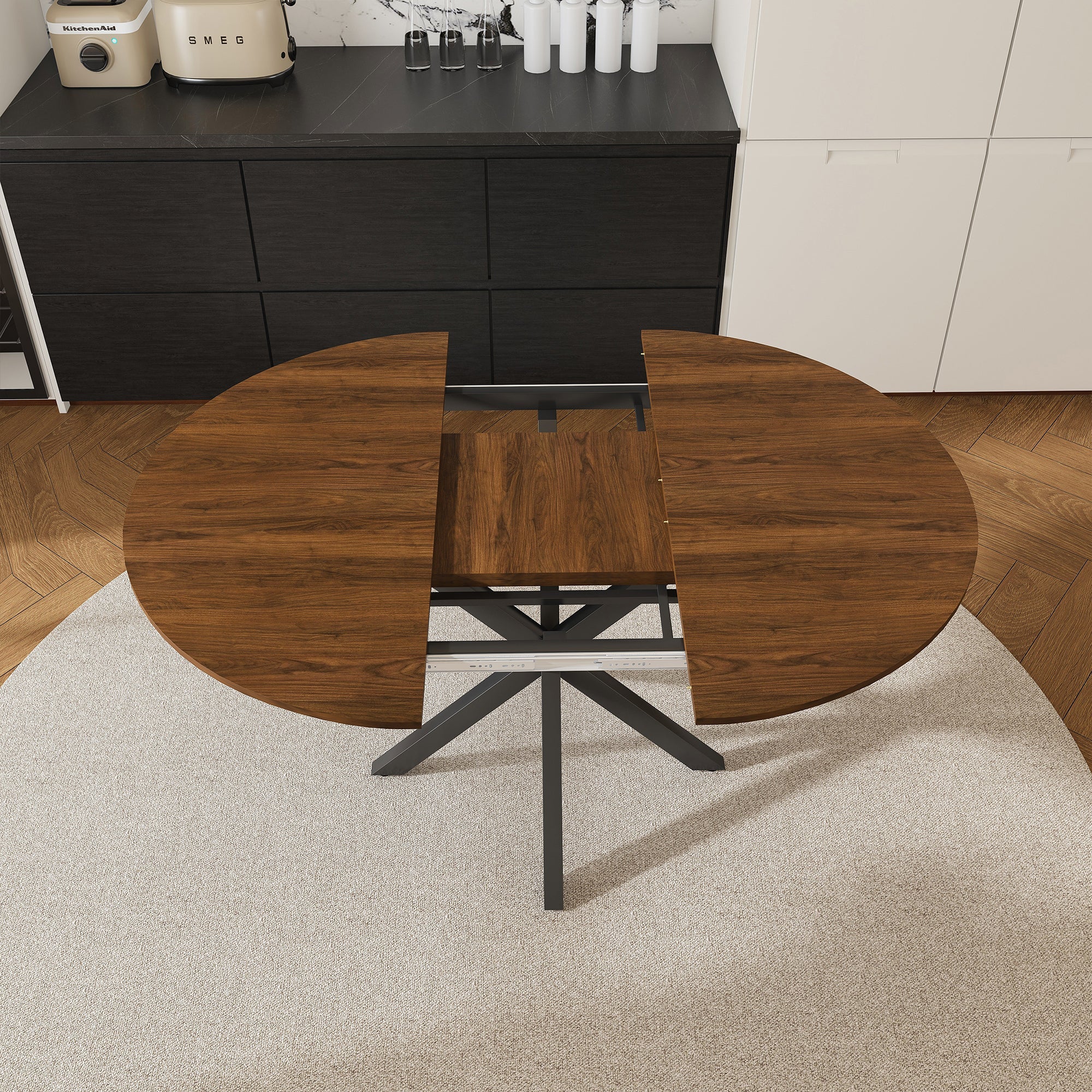 Modern Solid Wood Veneer Retractable Dining Table