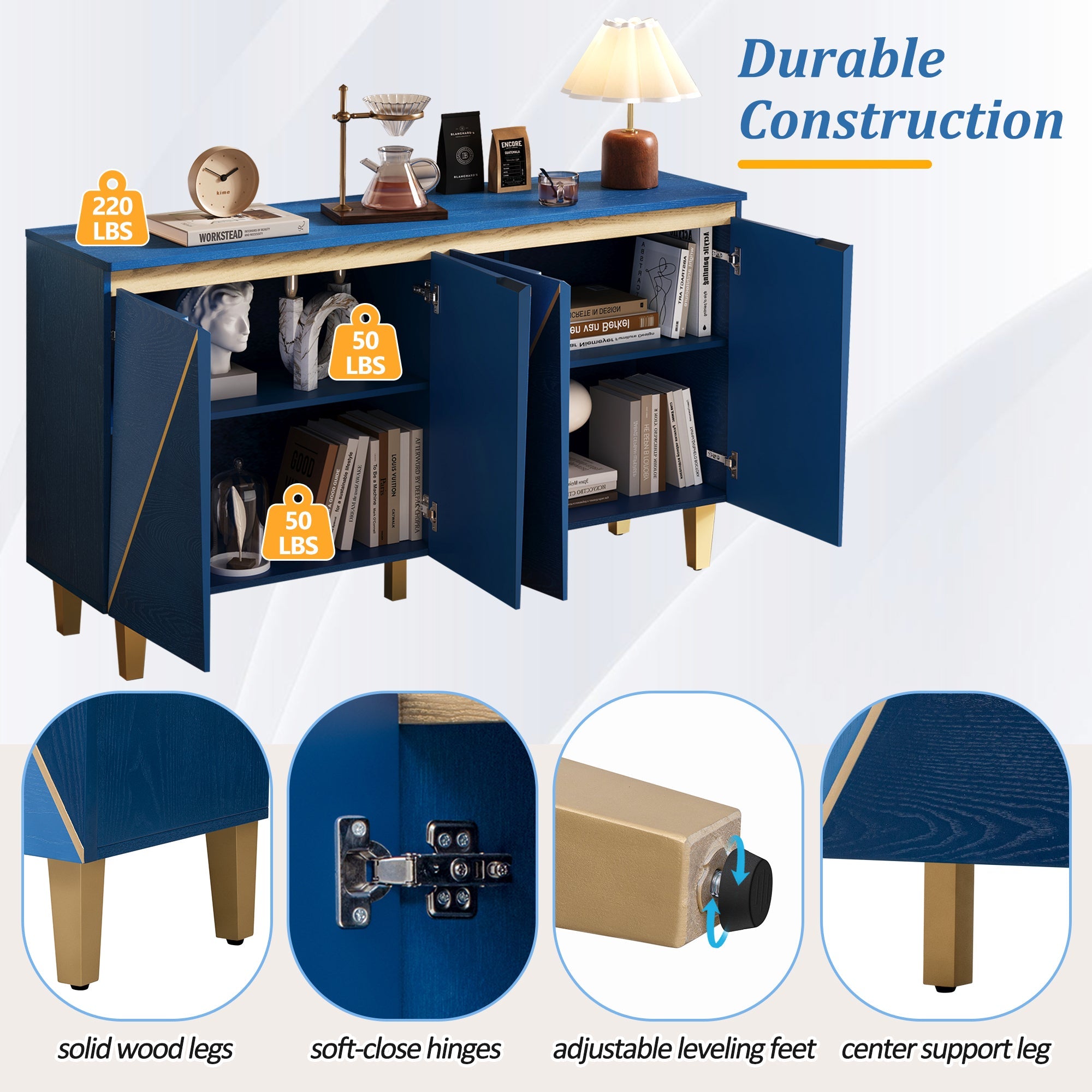 60' Retro Sideboard Cabinet with Adjustable Shelves