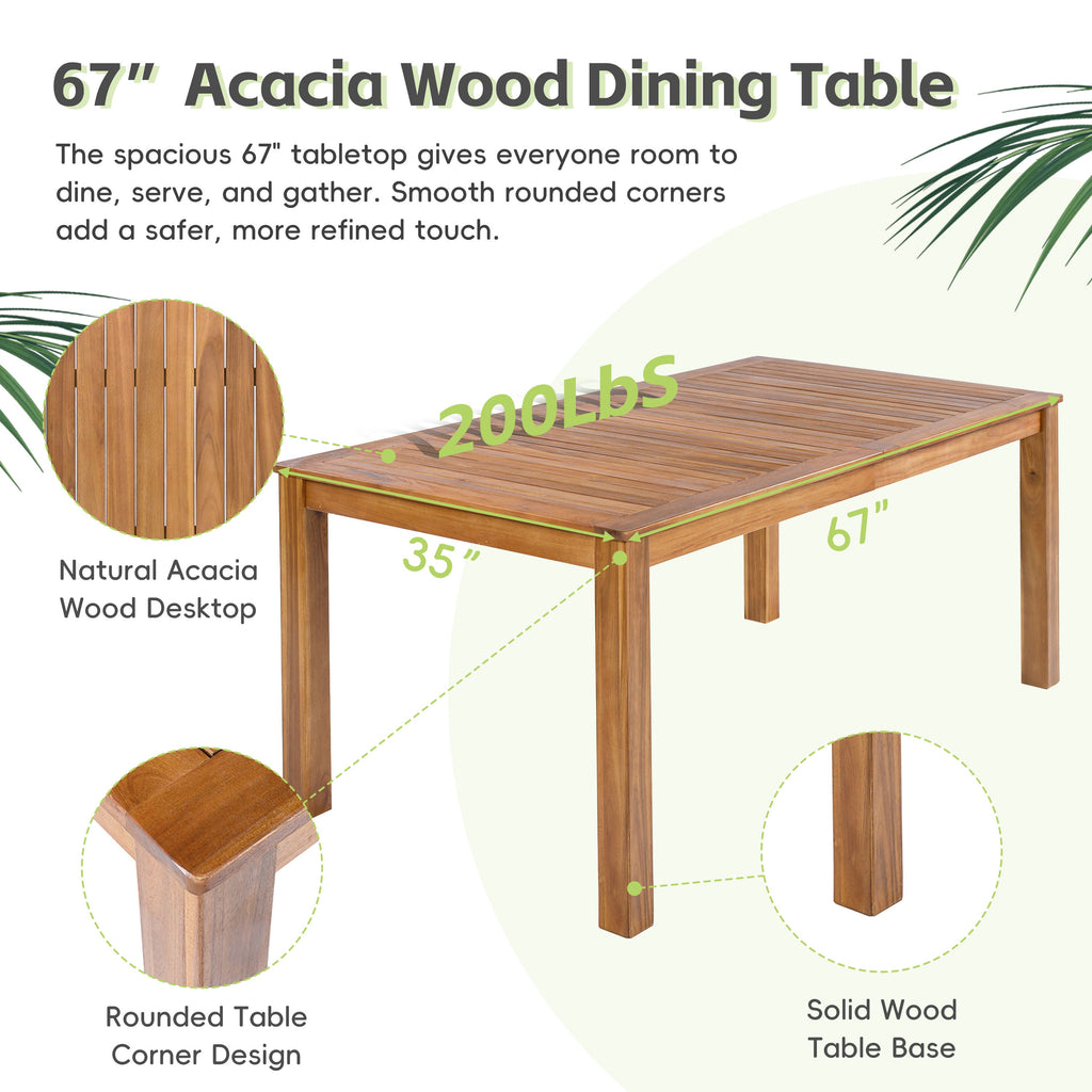 Natural 67" Patio Wooden Dining Table Rectangular Indoor Outdoor Use