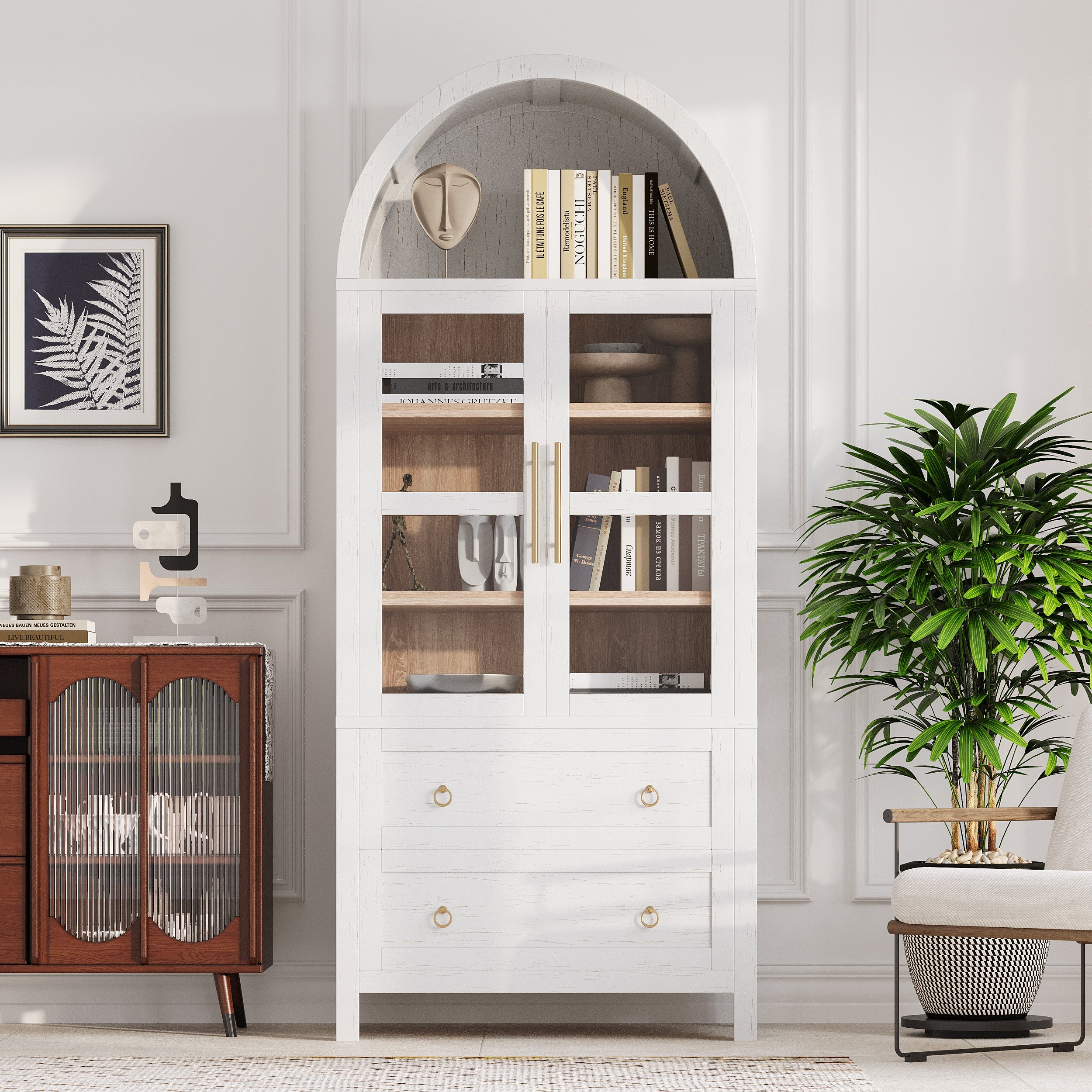 71” Tall Arched Modern Farmhouse Kitchen Pantry Cabinet with 2 Large Drawers