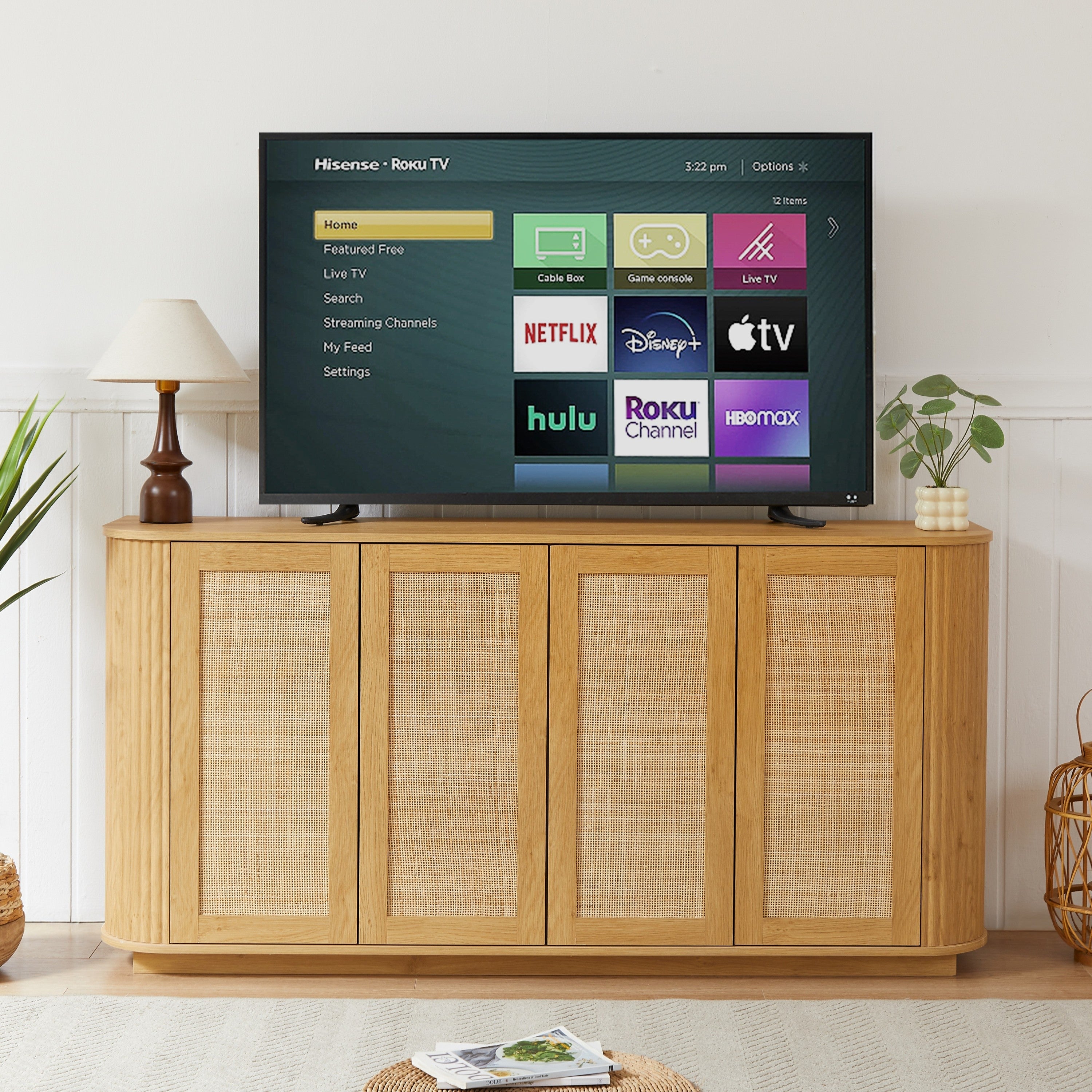 Contemporary Wave Shaped 64-Inch TV Stand with Rattan Doors