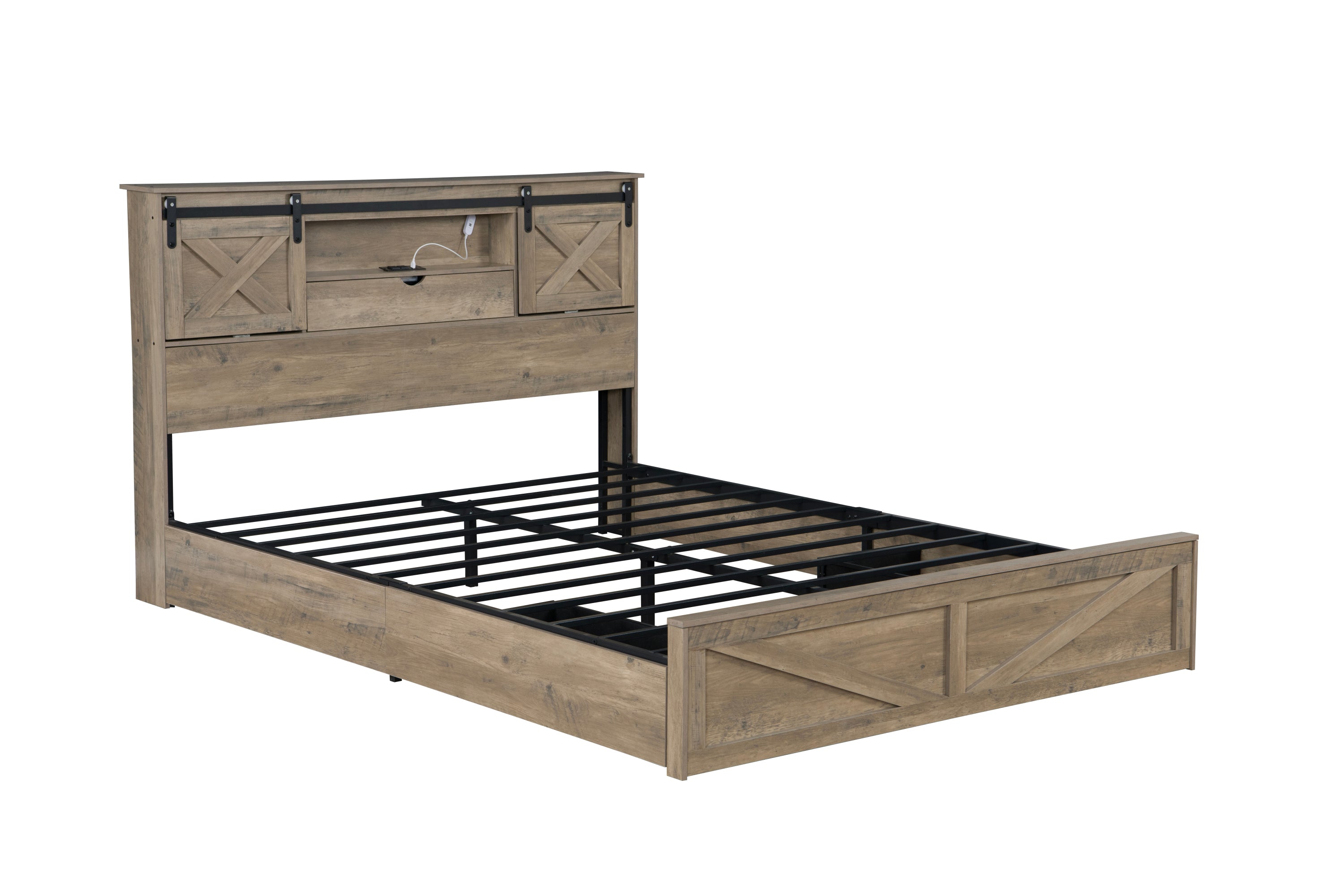 Farmhouse Bed Frame Queen Size with LED Lights and Charging Station