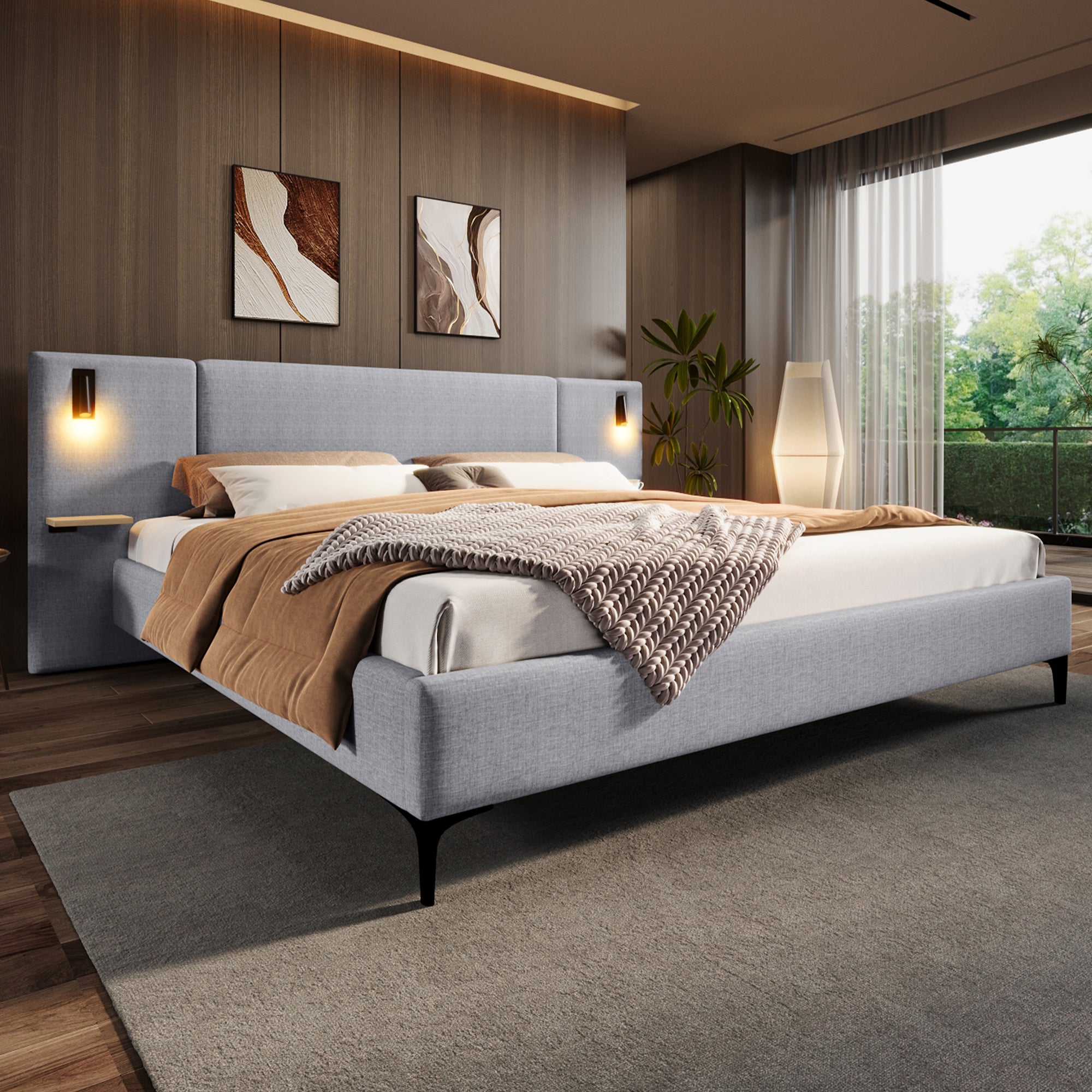 Chic Linen Upholstered Bed with Integrated Lights and Shelves