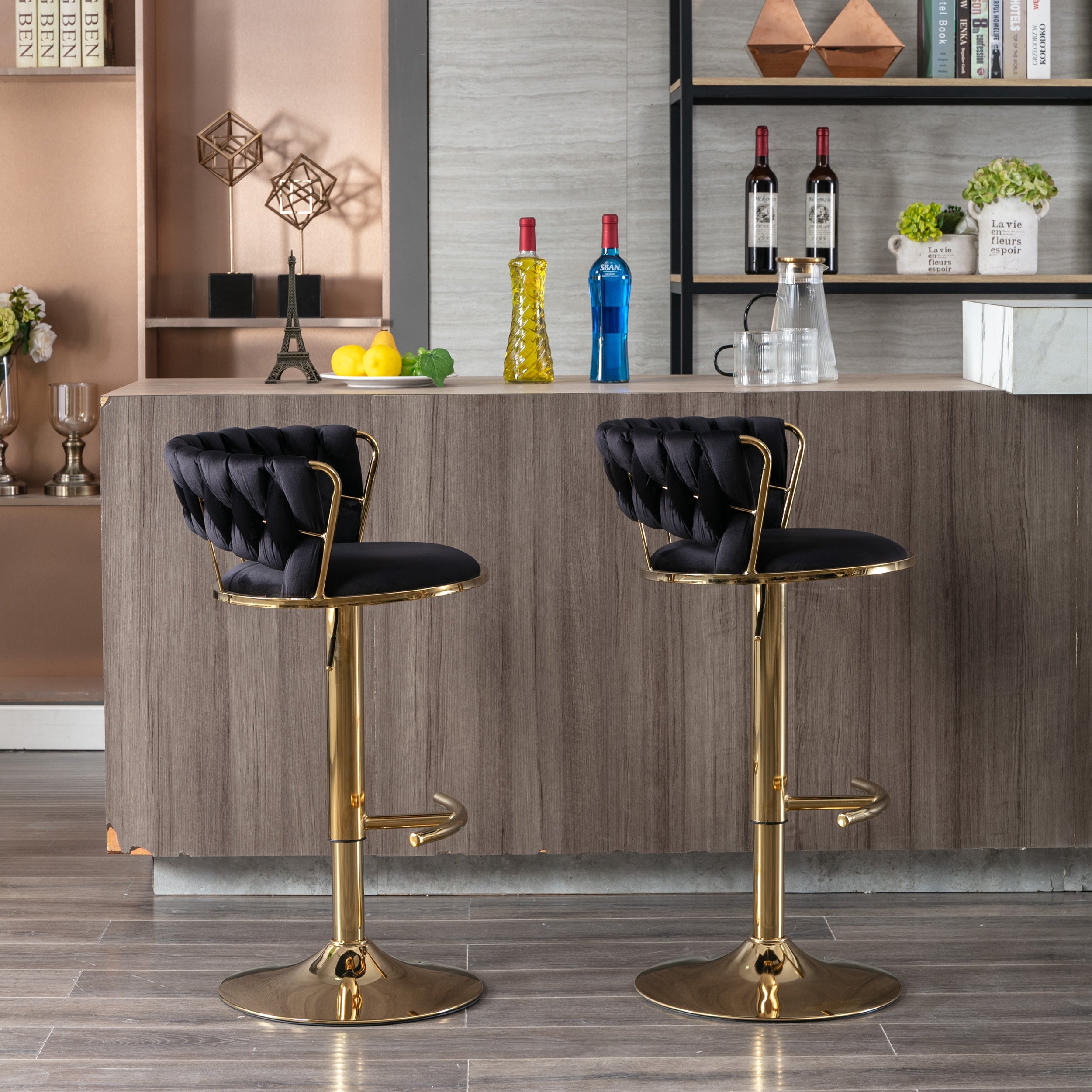 Swivel Height Adjustable Velvet Bar Stools with Golden Leg (Set of 2 )