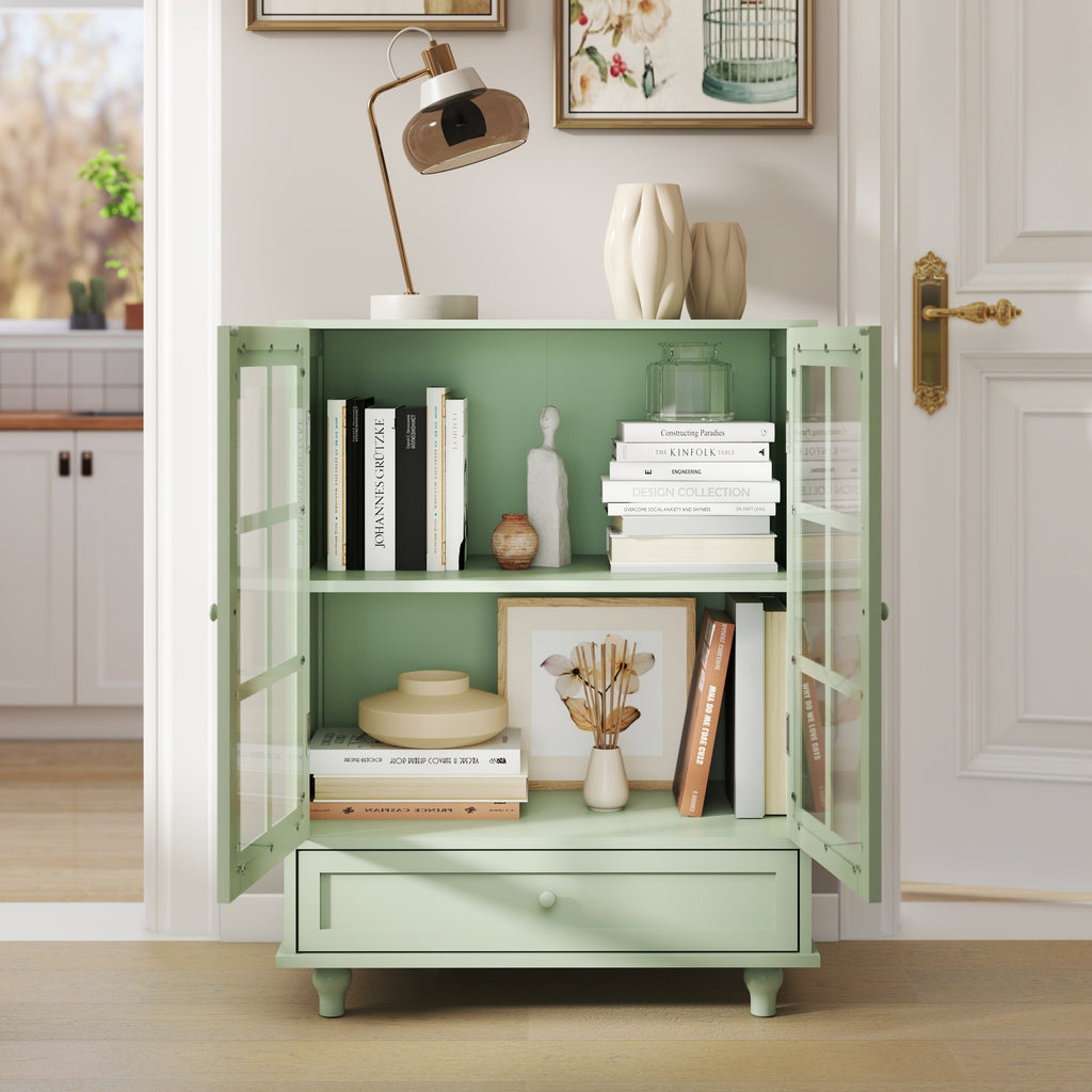 Minimalism Buffet Cabinet with Double Glass Doors and Drawer Mint Green