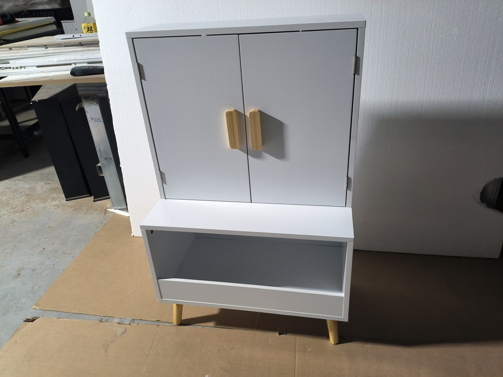 White Modern Wooden Toy Storage Cabinet with Natural Wood Legs