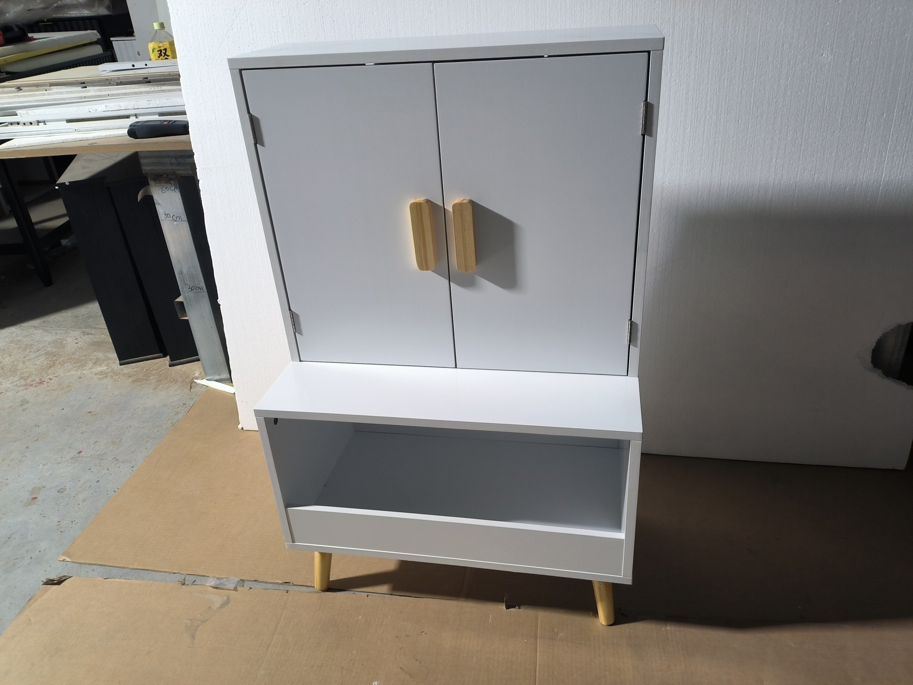 White Modern Wooden Toy Storage Cabinet with Natural Wood Legs
