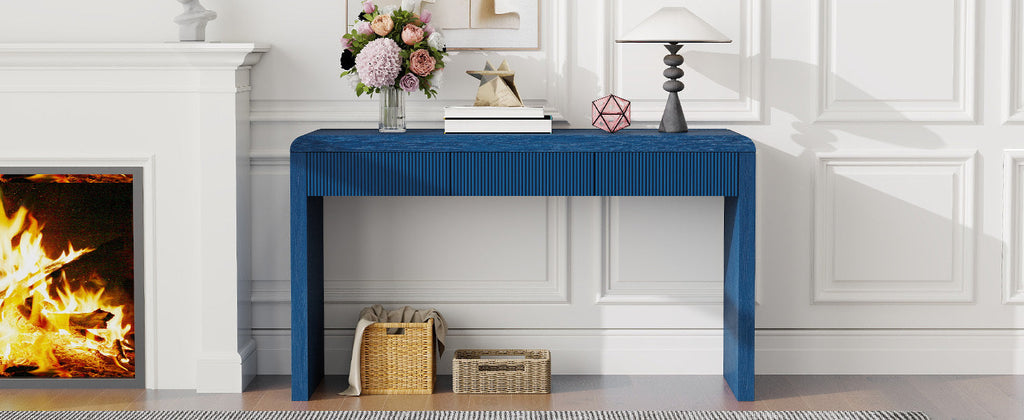 Rustic Solid Wood Veneer Entryway Table with 3 Fluted Drawers
