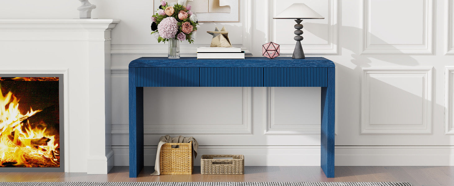 Rustic Solid Wood Veneer Entryway Table with 3 Fluted Drawers