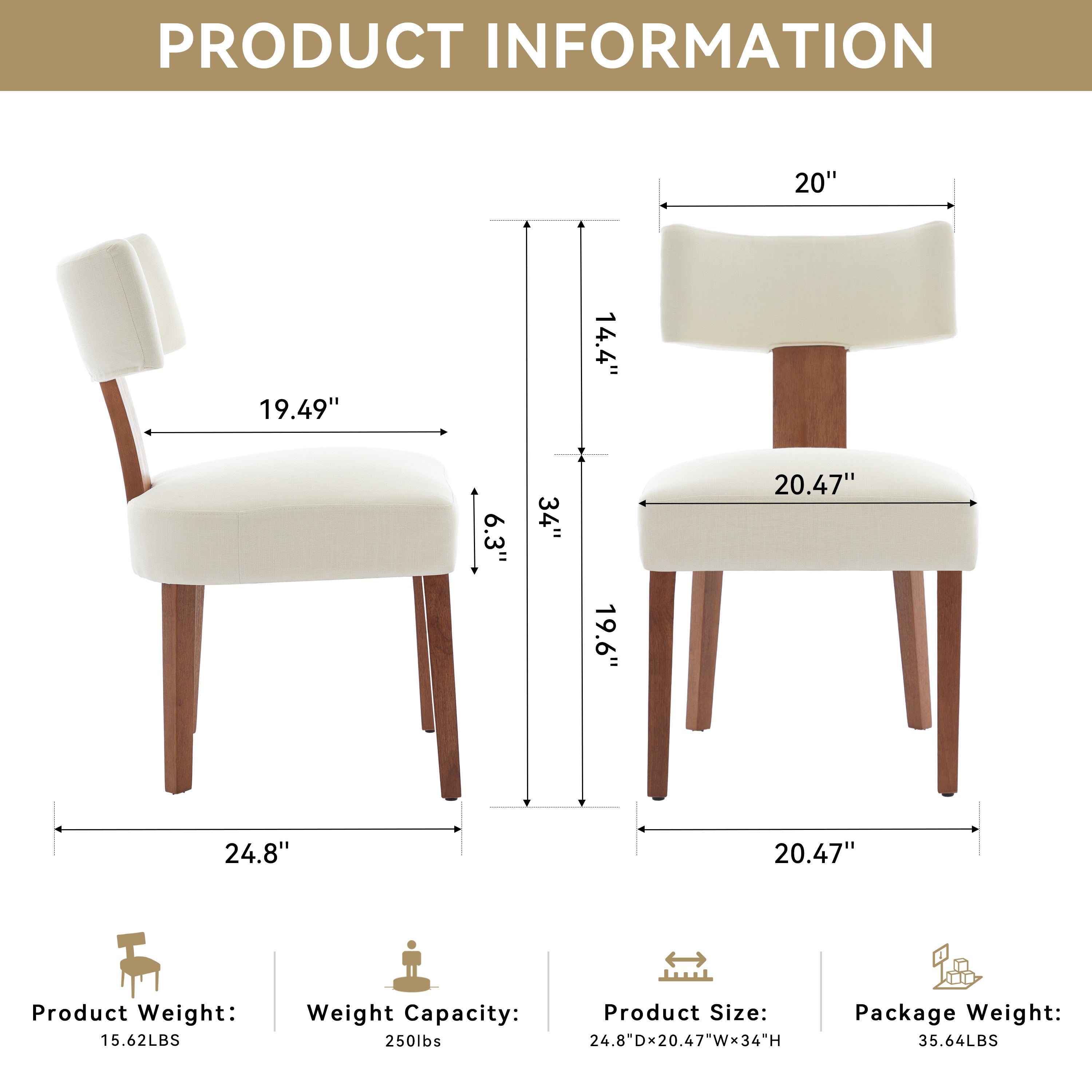 2Pcs  Modern Armless Dining Chairs With Curved Wingback and Solid Wooden Legs