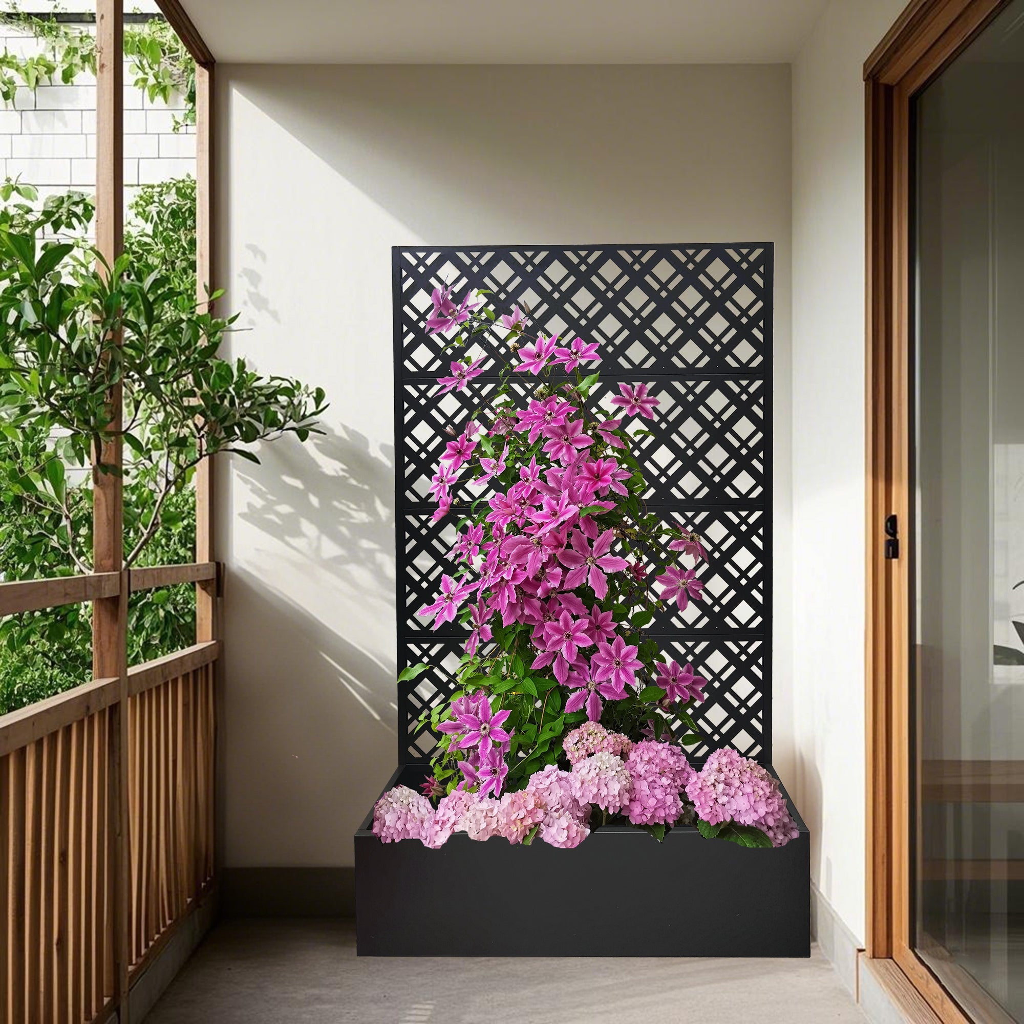 Black Metal Raised Garden Bed with Trellis for Climbing Plants