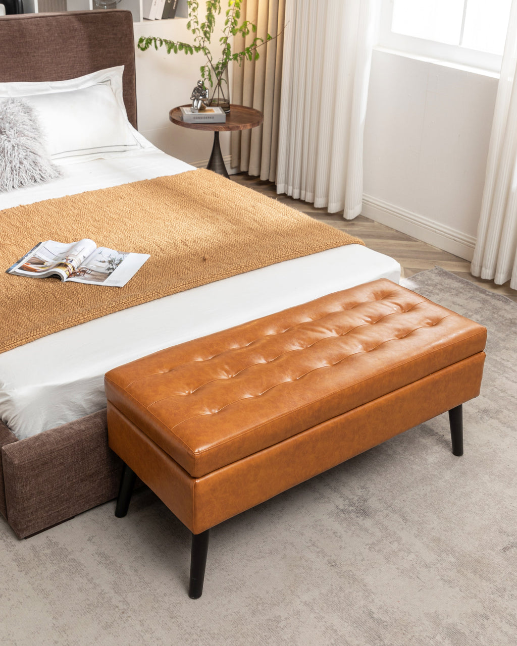 Brown PU Leather Storage Bench