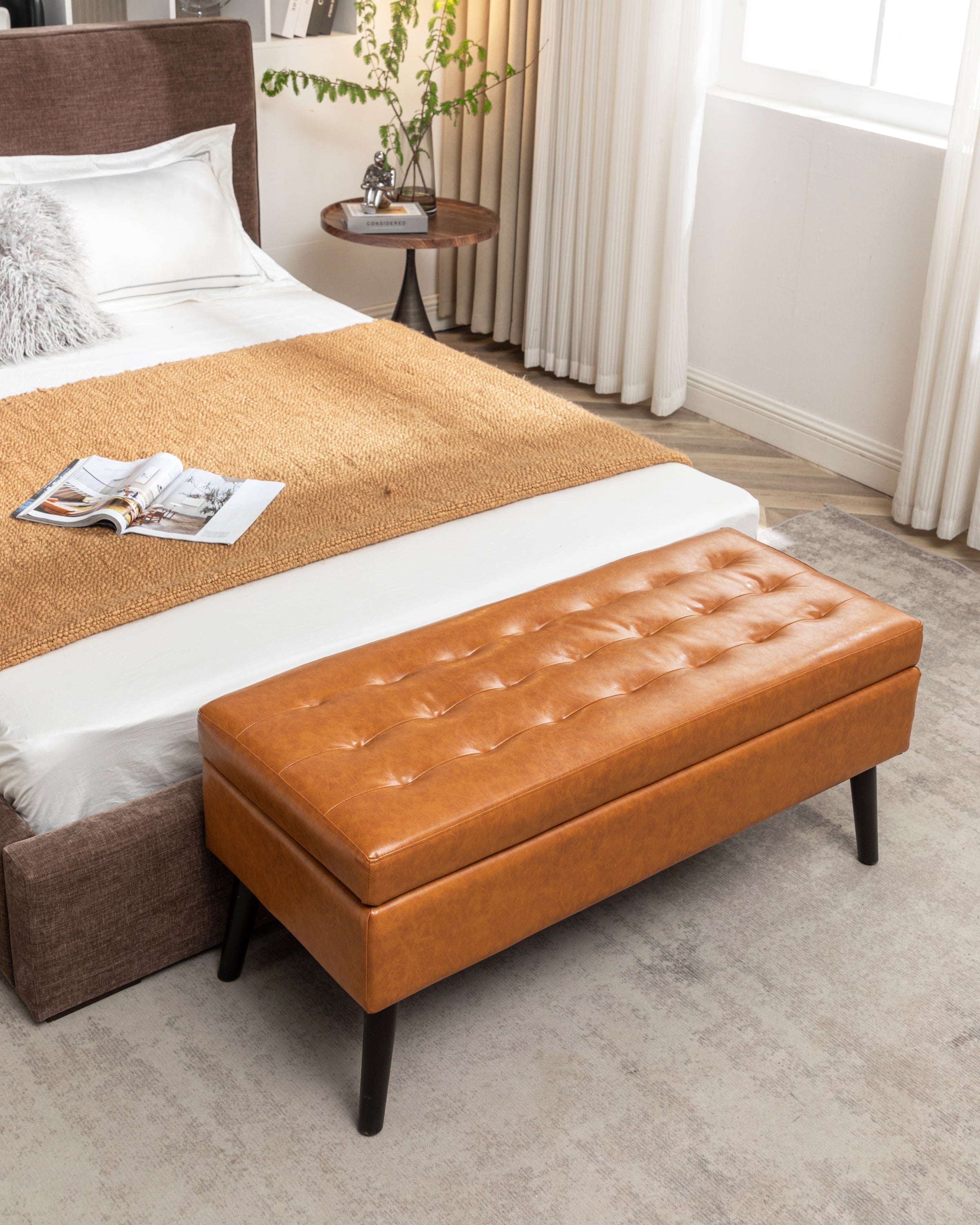Brown PU Leather Storage Bench