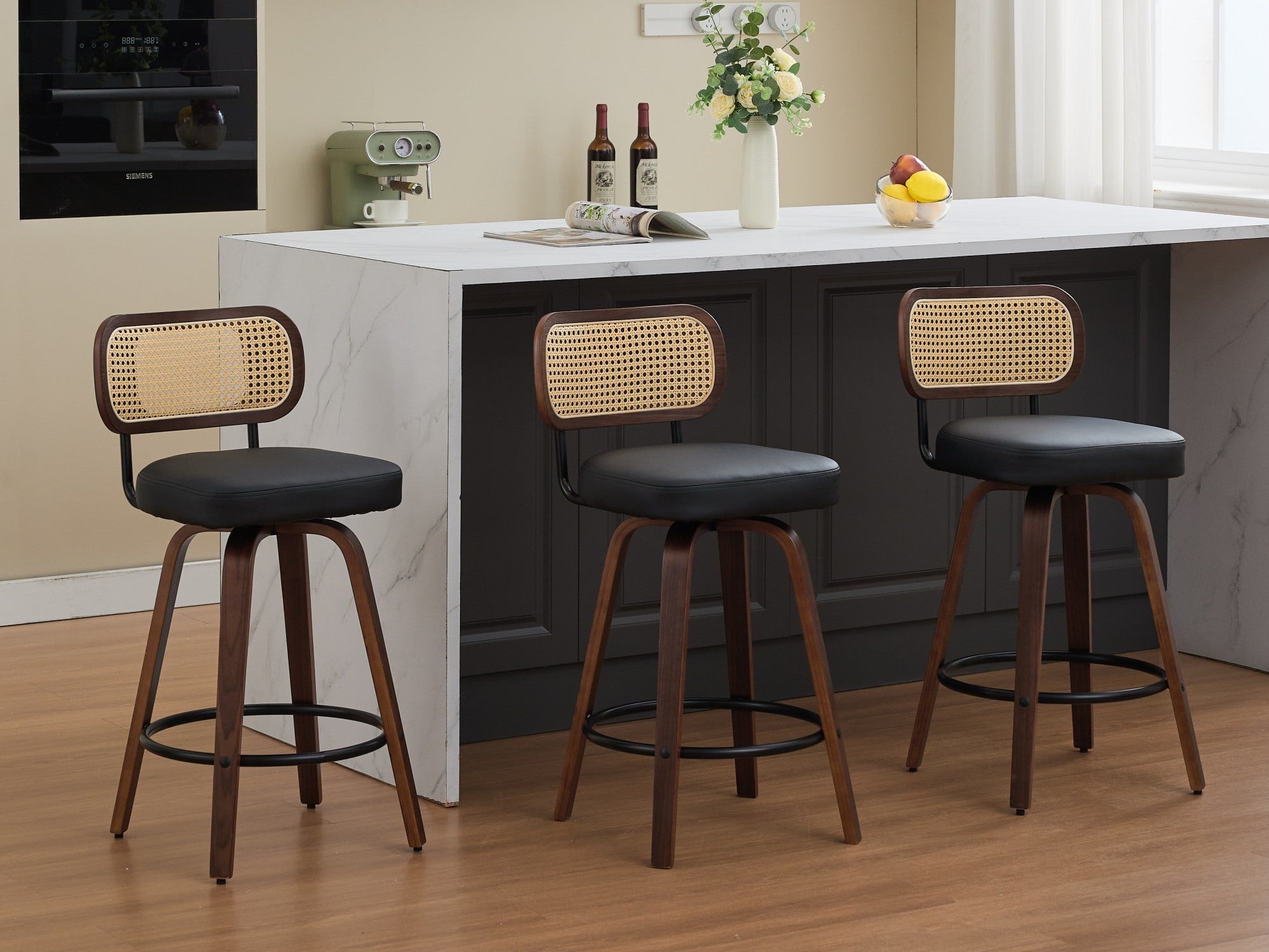 26 Inch Rattan Counter Height Stools with Cane Back (Set of 3)