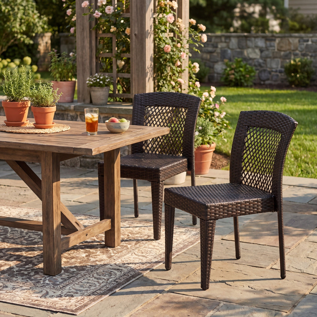Outdoor Dining Chairs Set of Stackable UV Resistant Rattan Steel Frame Patio Garden