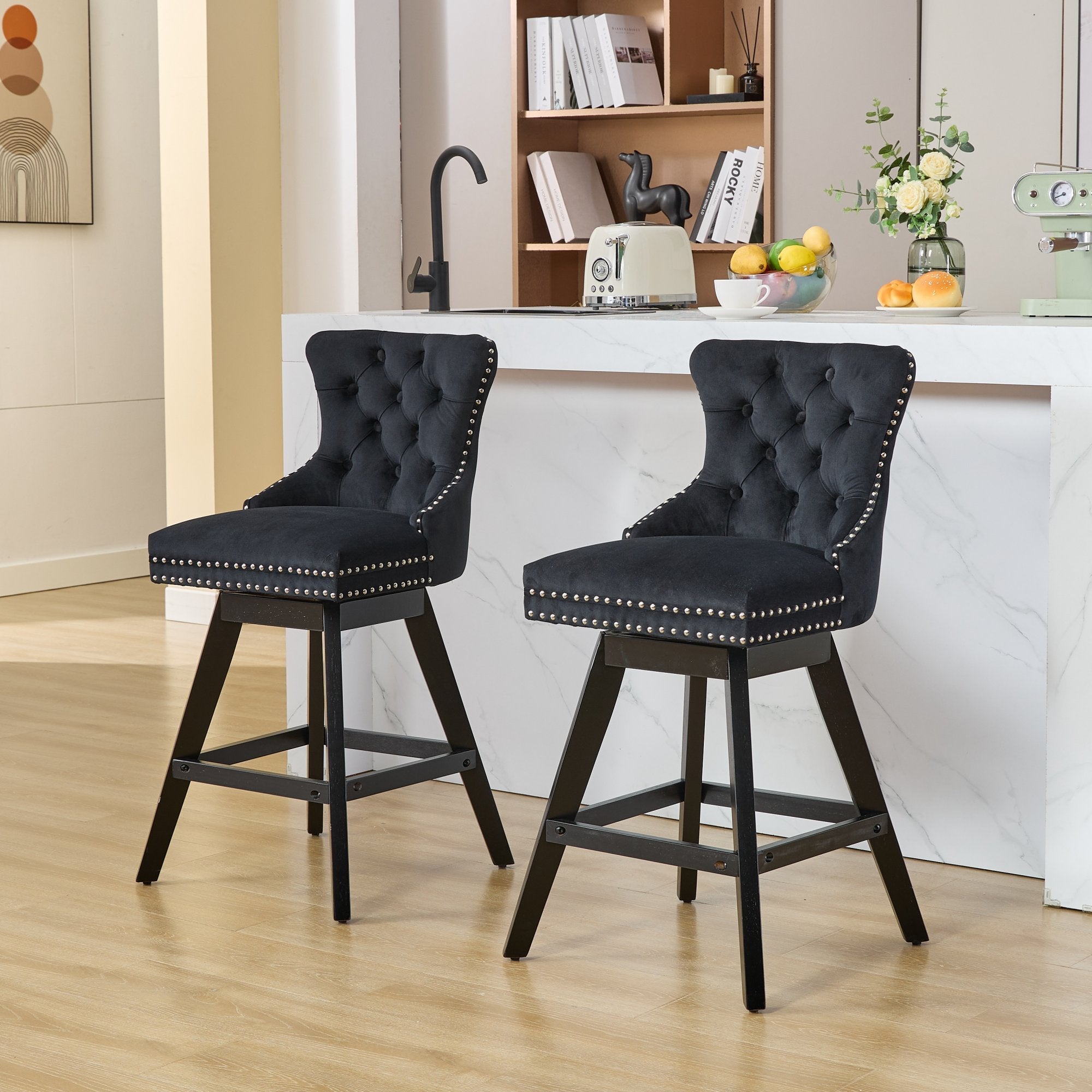 Swivel Velvet Barstools with Button Tufted Decoration (Set of 2)