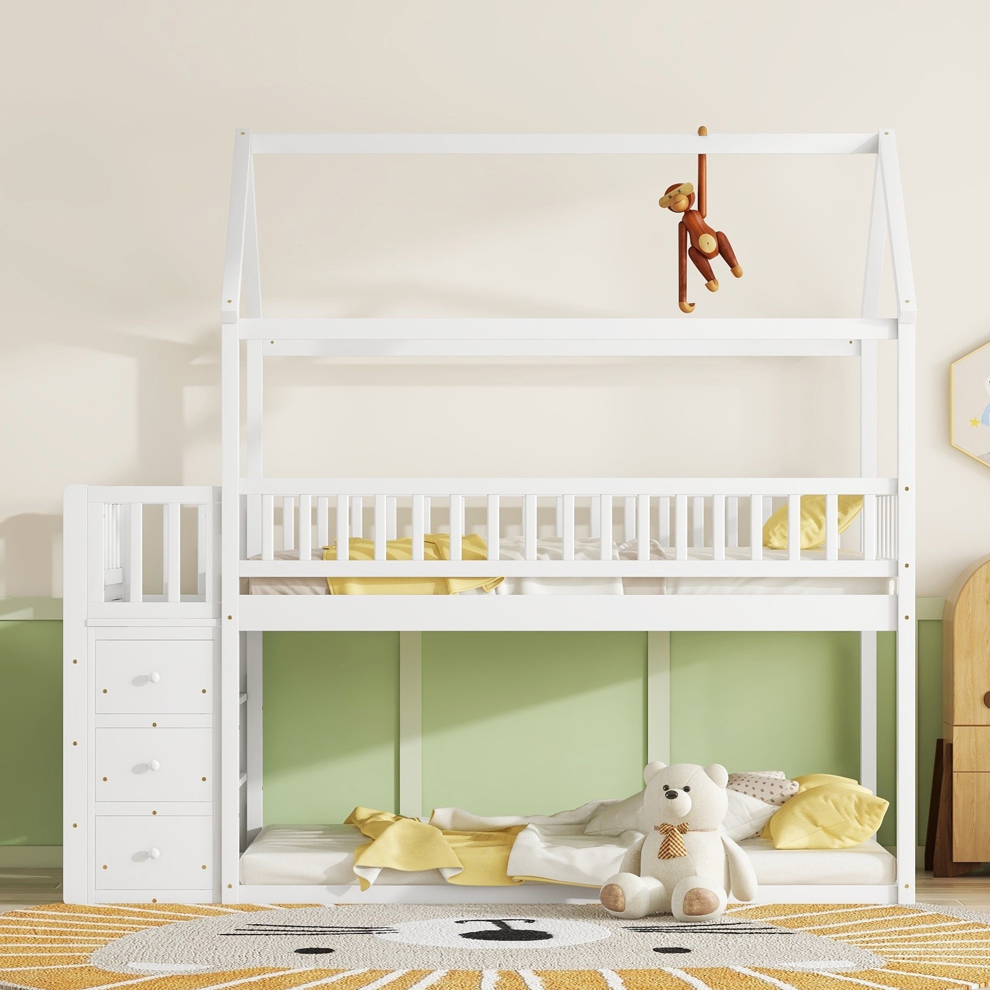 Twin House Bunk Bed with Shelves and Drawers