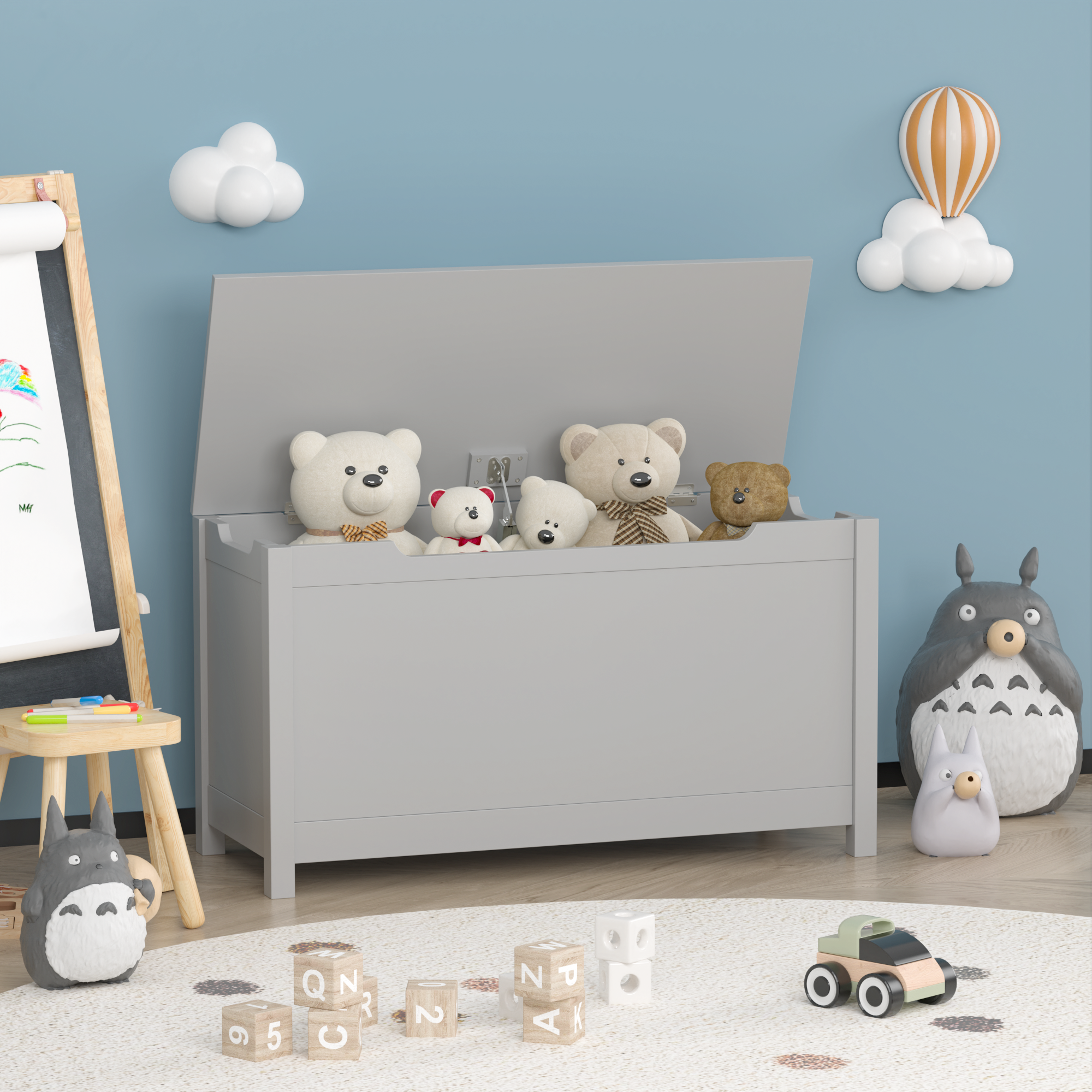 Kids Wooden Toy Box Storage with Safety Hinged Lid for Ages 2+