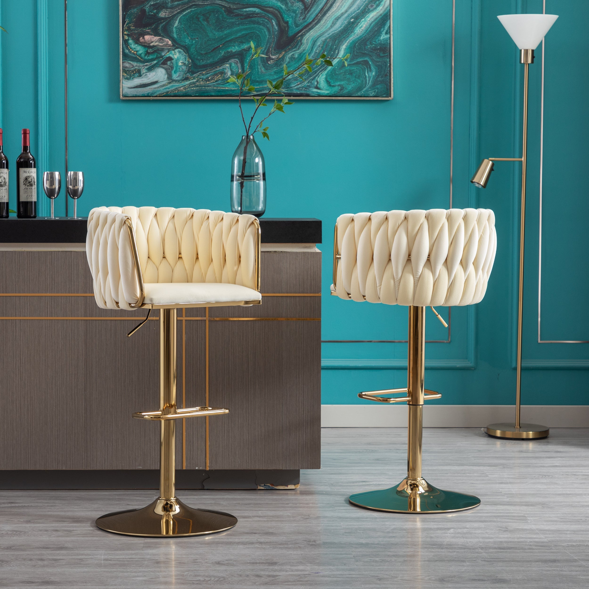 Swivel Height Adjustable Mechanical Lifting Velvet Bar Stools (Set of 2)