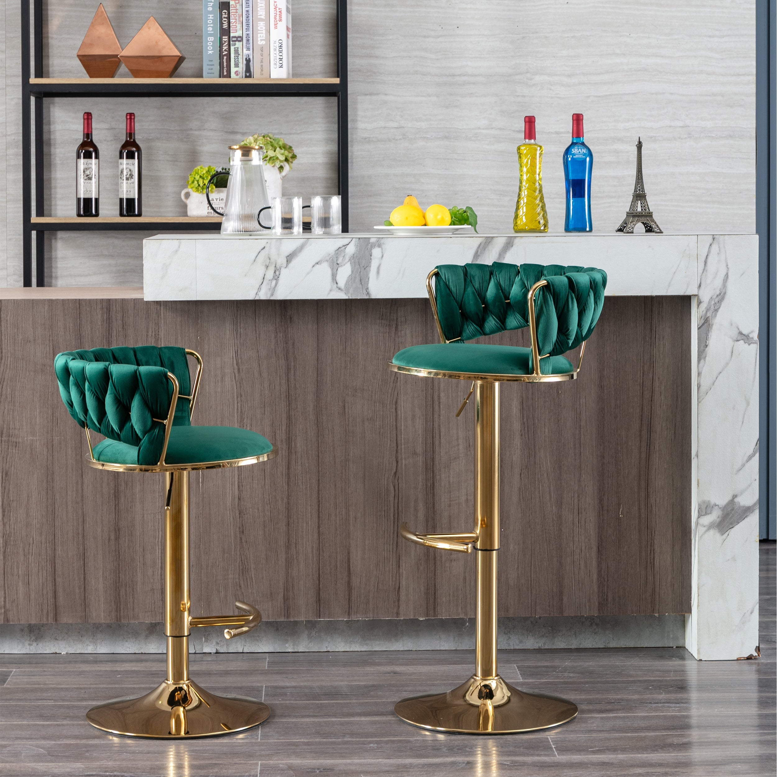 Swivel Height Adjustable Velvet Bar Stools with Golden Leg (Set of 2 )