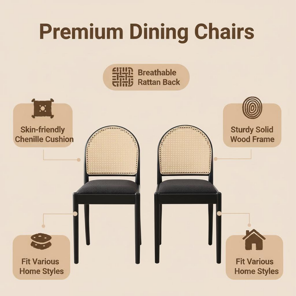 Set of 2 Rattan Dining Chairs Upholstered Linen Modern Wood-Leg Kitchen Chairs