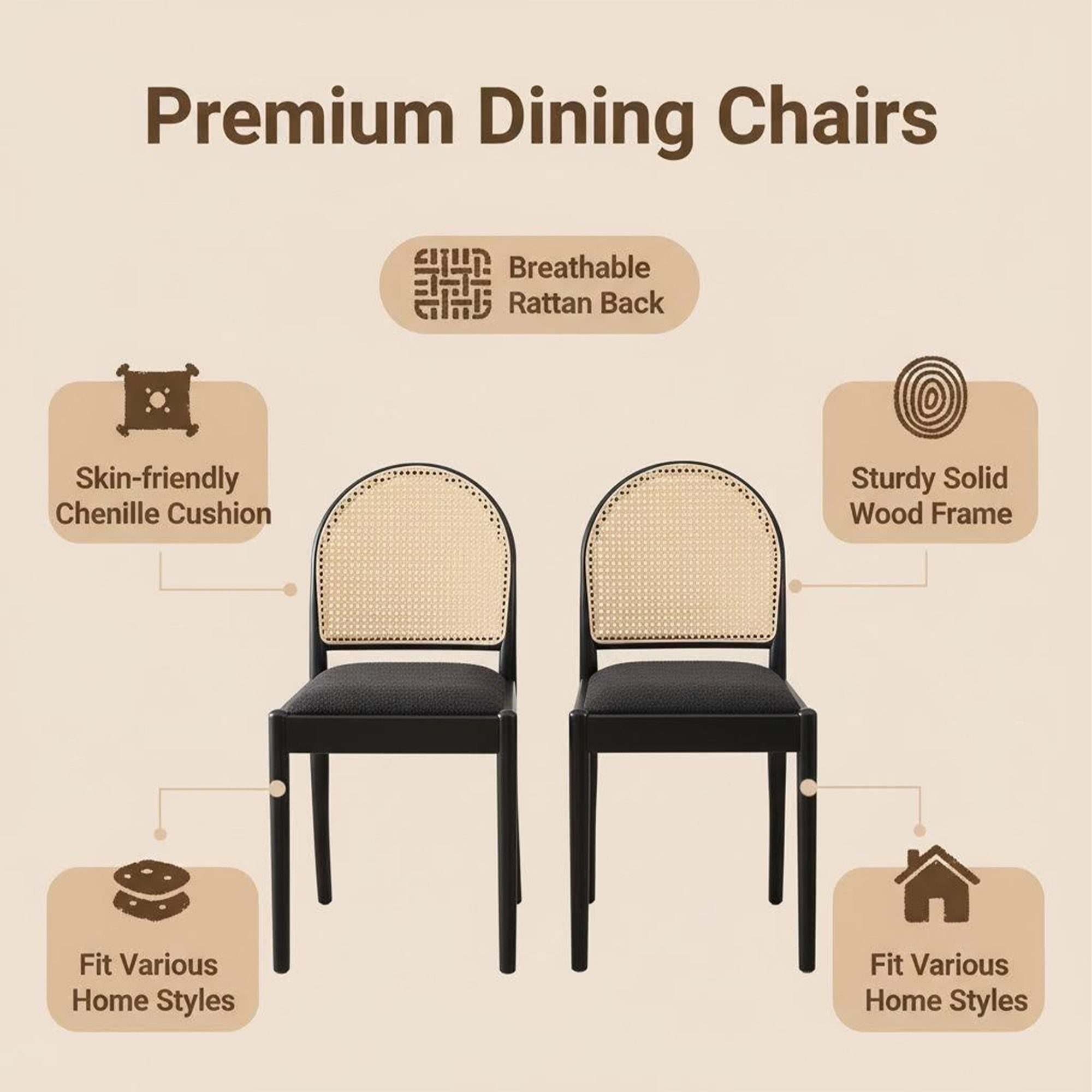 Set of 2 Rattan Dining Chairs Upholstered Linen Modern Wood-Leg Kitchen Chairs
