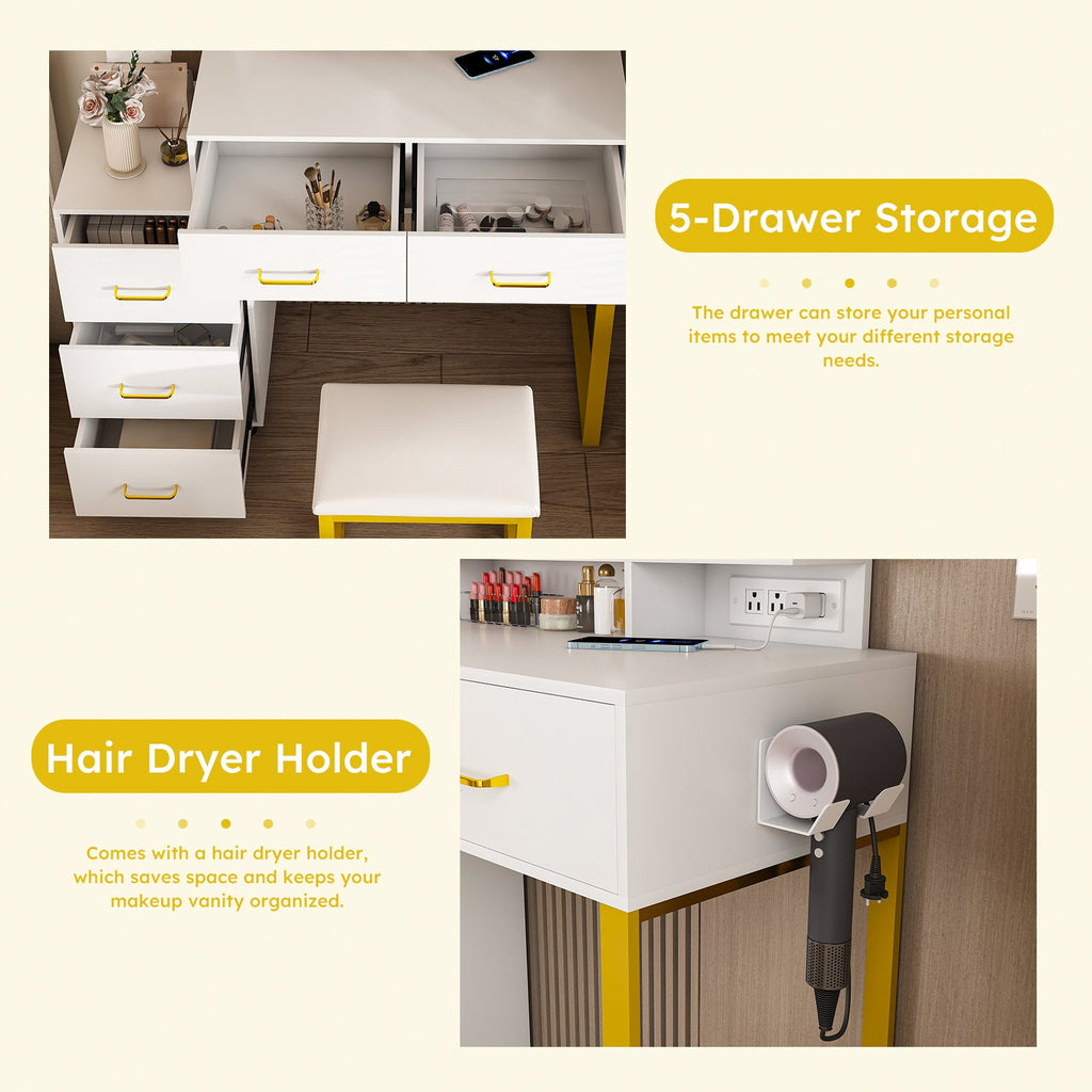 Elegant Makeup Vanity with LED Lights and Power Outlet