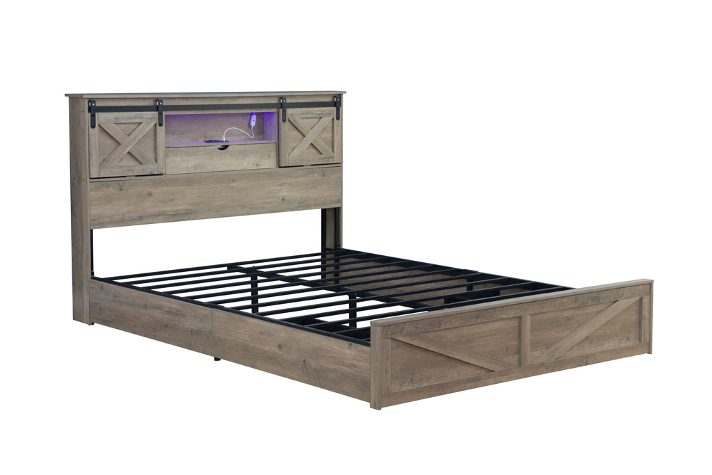 Farmhouse Bed Frame Queen Size with LED Lights and Charging Station
