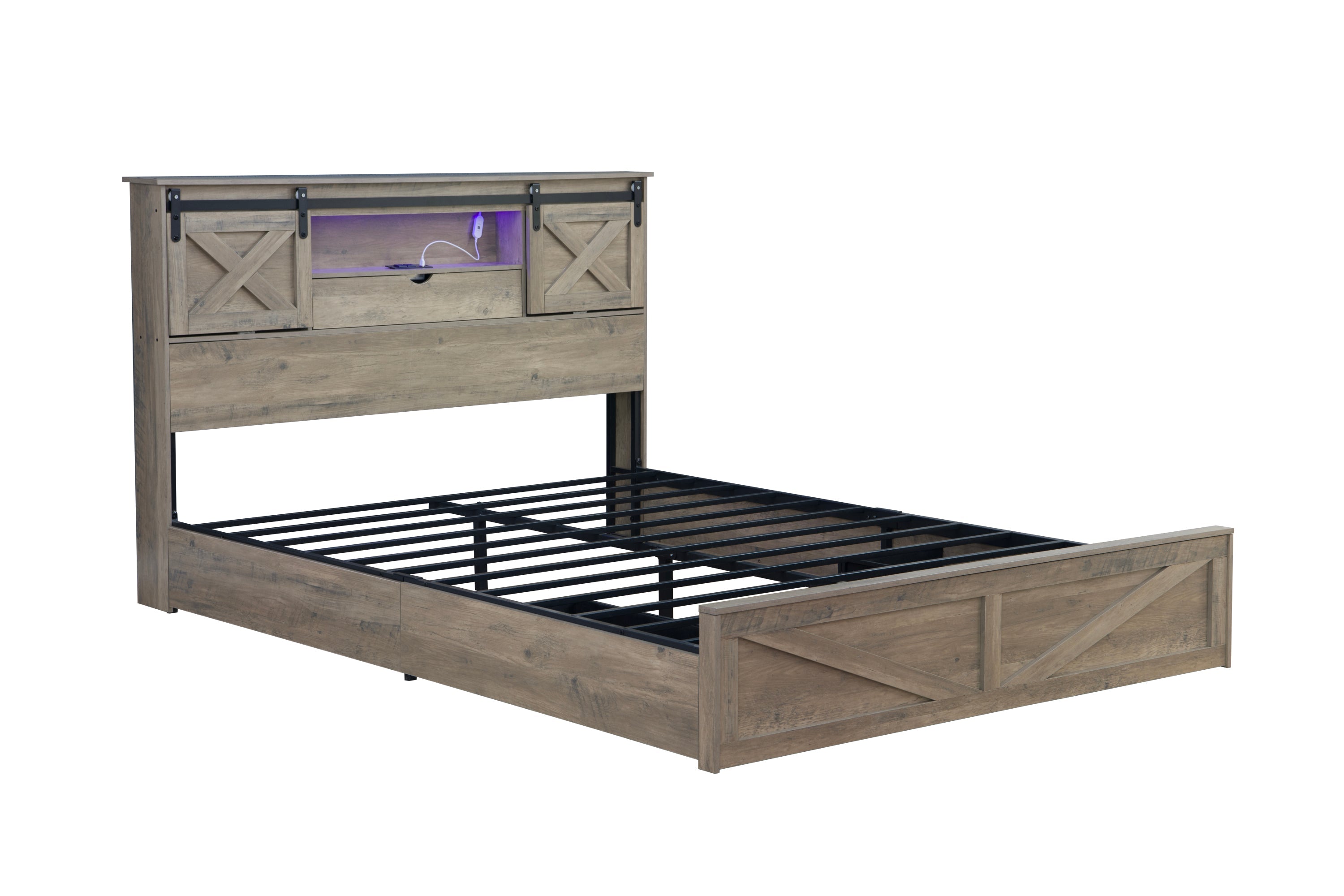 Farmhouse Bed Frame Queen Size with LED Lights and Charging Station