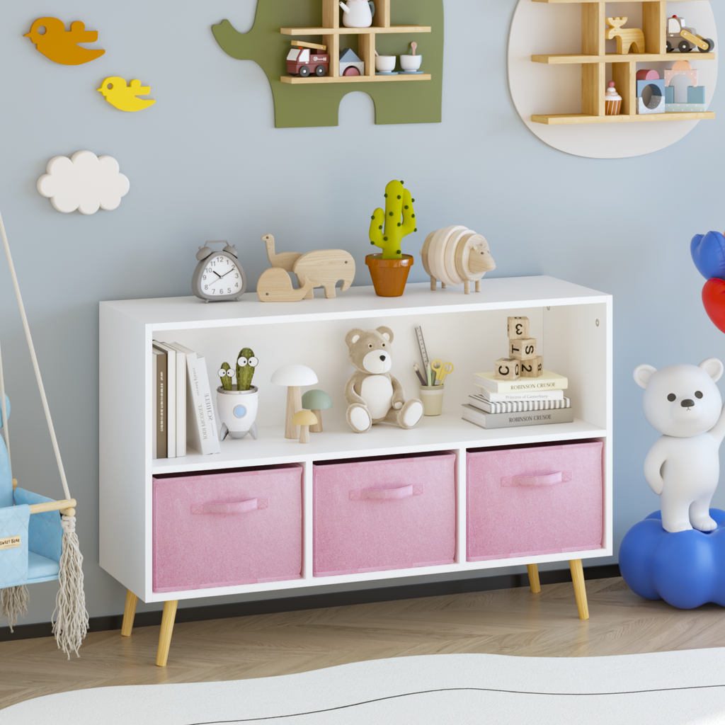 Children's Book Display Kids Bookcase with 3 Fabric Bins