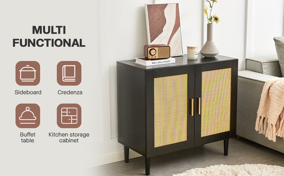 Side Panel Buffet Cabinet with Natural Rattan Door