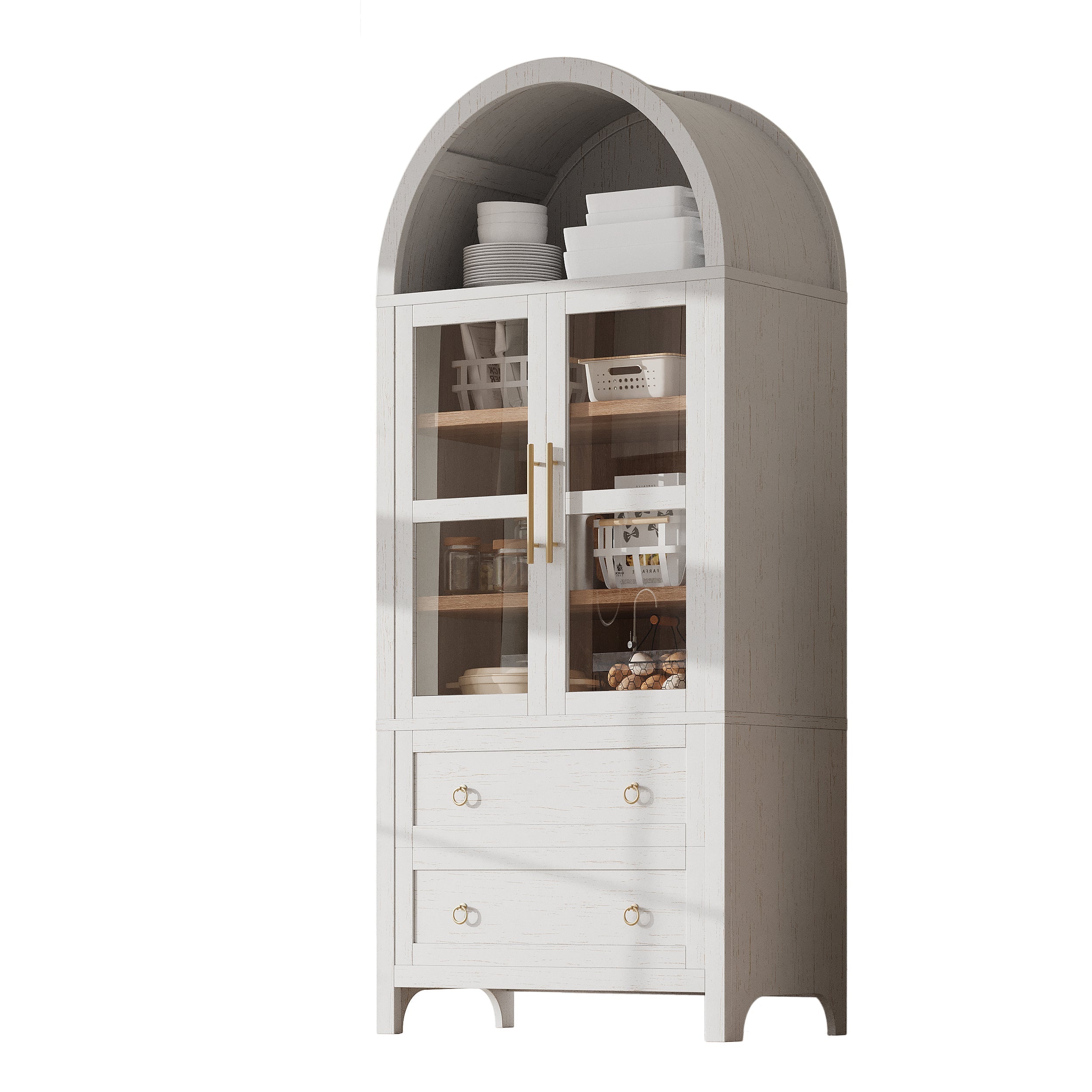 71” Tall Arched Modern Farmhouse Kitchen Pantry Cabinet with 2 Large Drawers