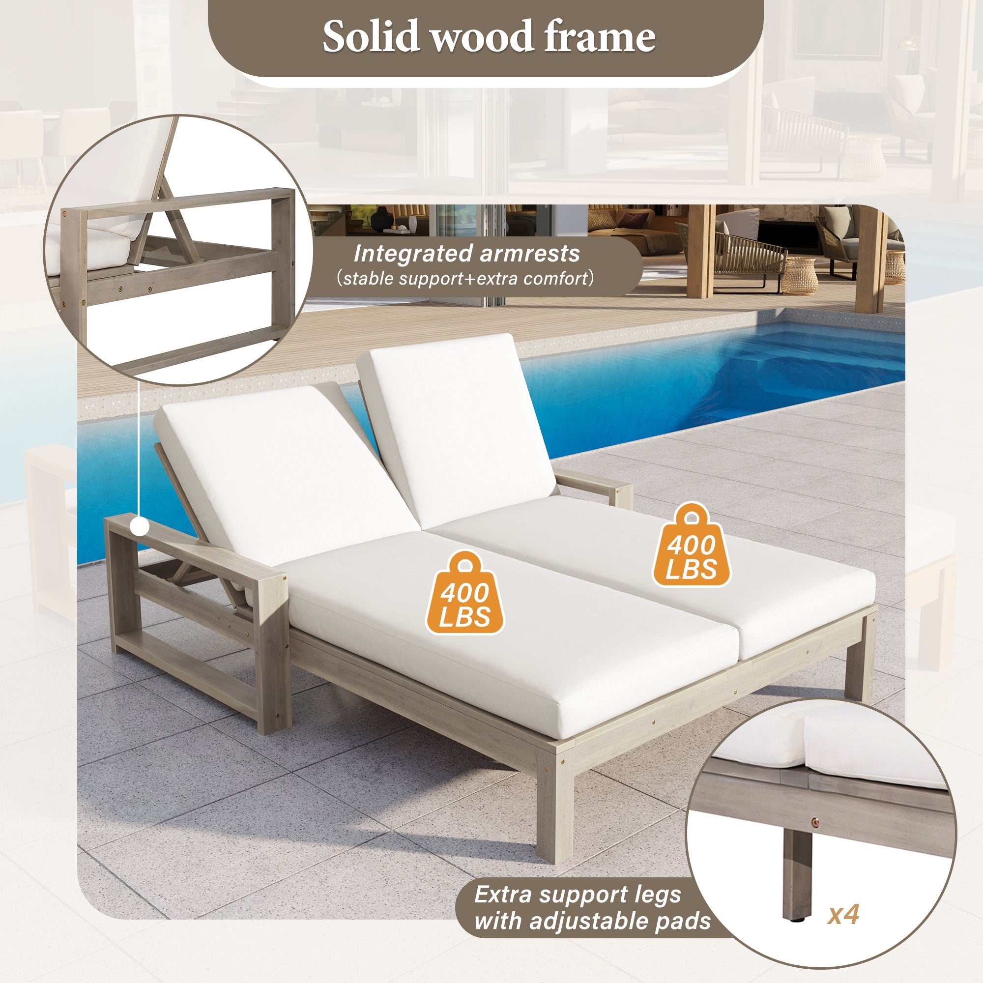 Double chaise lounge 5 position adjustable backs cushioned ideal for patio poolside relaxation