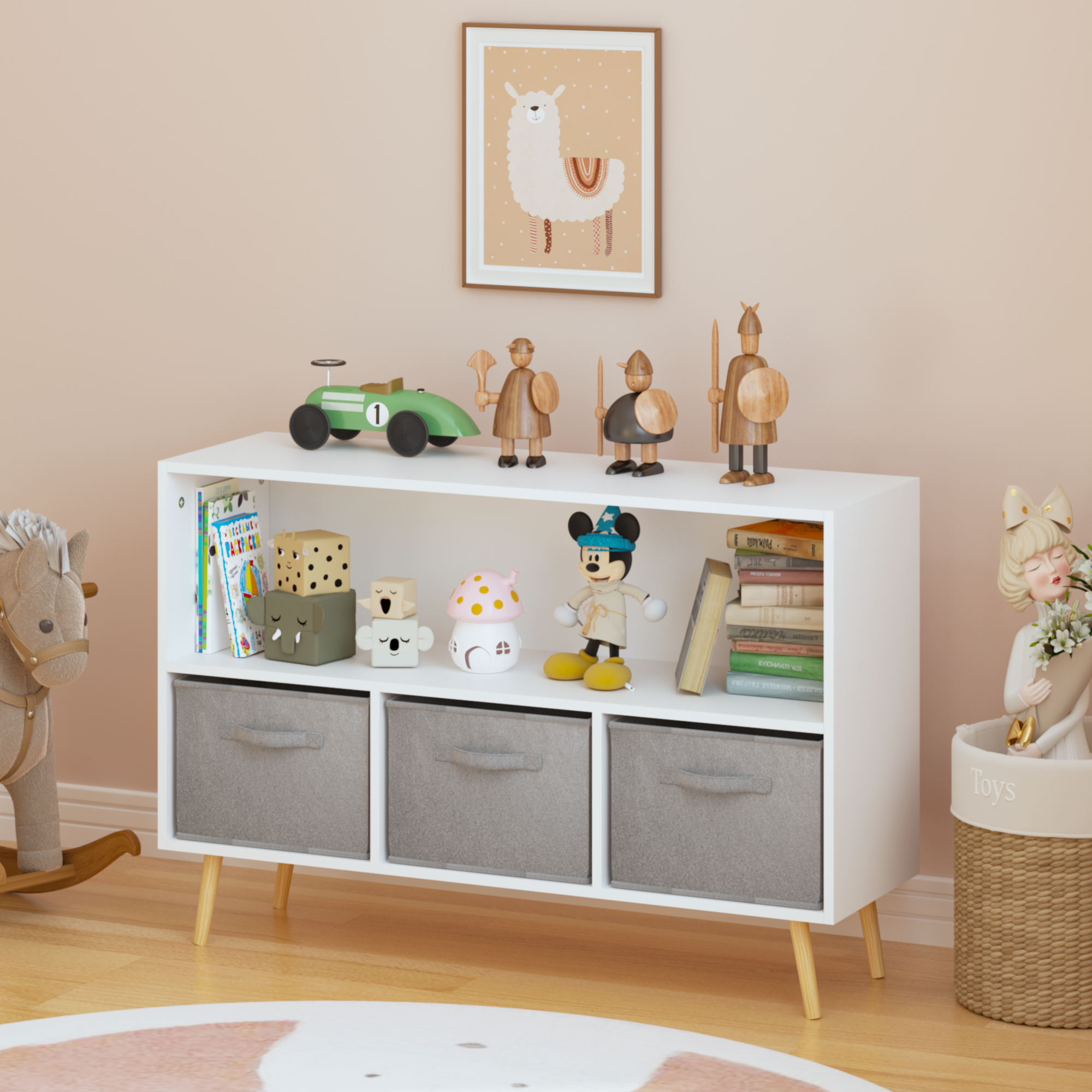 Children's Book Display Kids Bookcase with 3 Fabric Bins