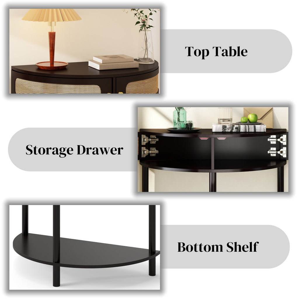 Rattan Semi Circle End Table with 2 Rattan Storage Cabinet