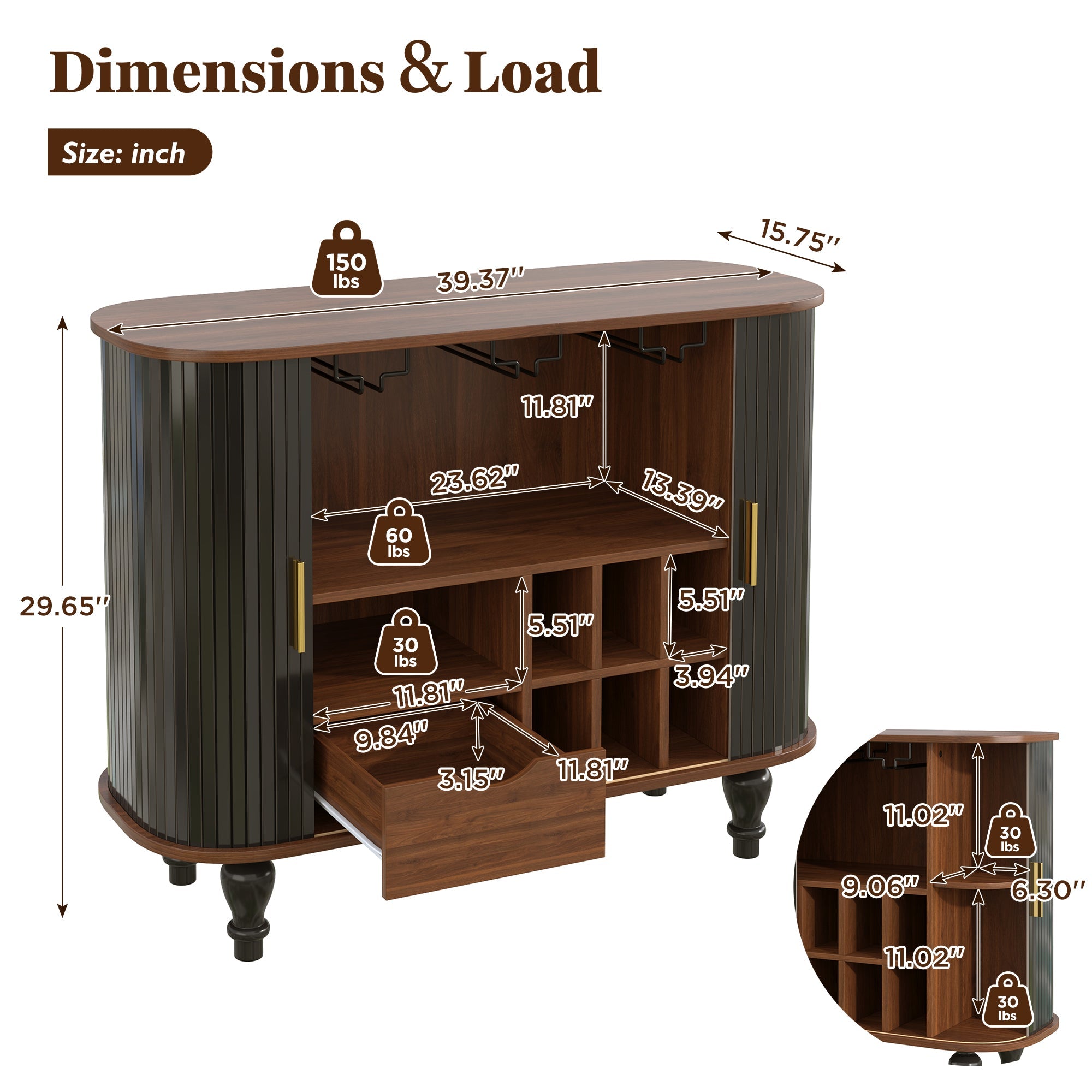 39" Fluted Liquor and Coffee Bar Cabinet with Wine Racks Glass Holders Storage