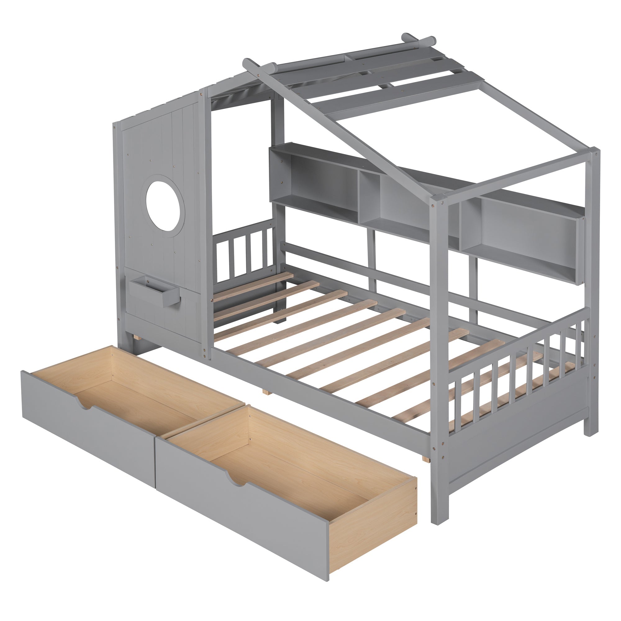 Wooden Twin Size House Bed with 2 Drawers
