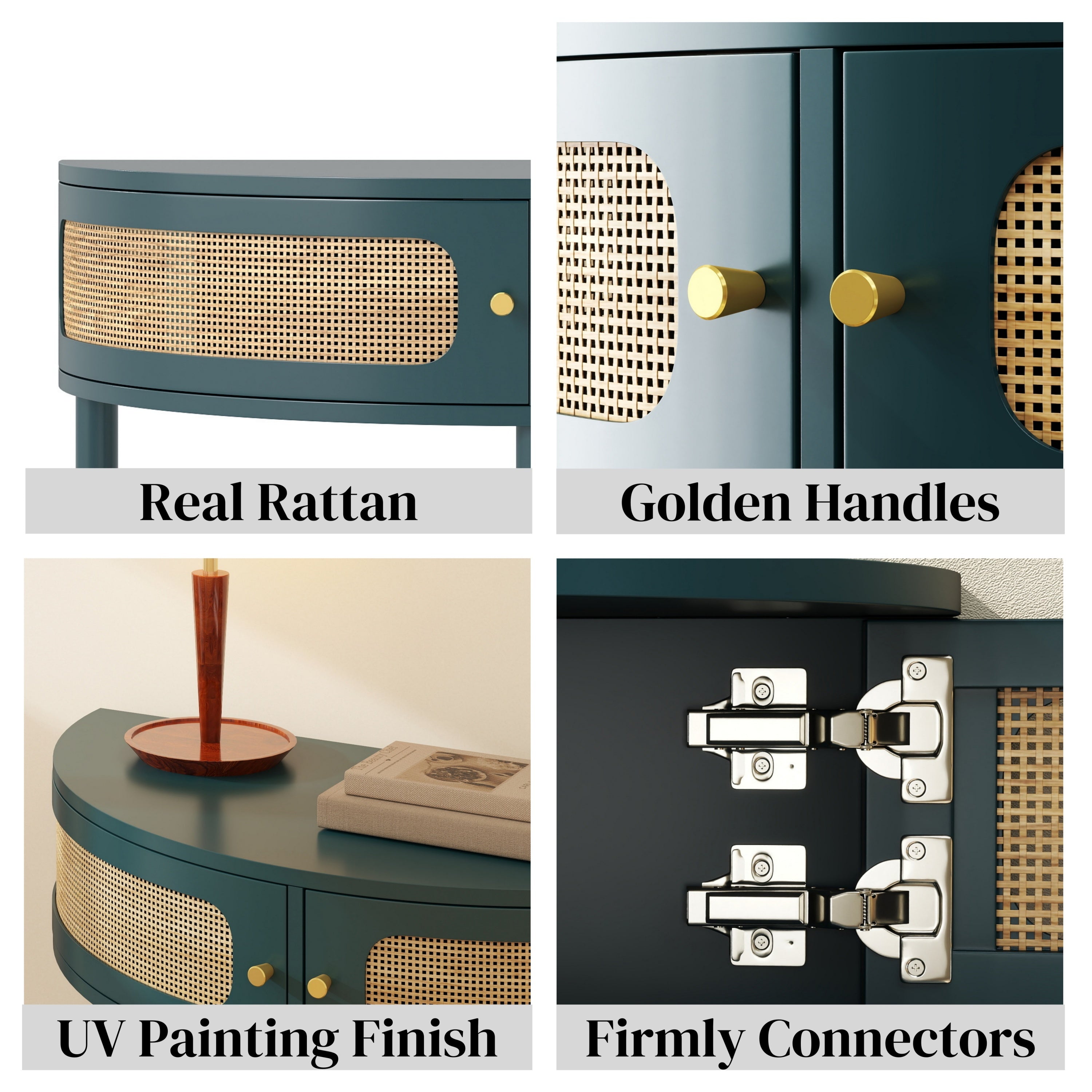 Rattan Semi Circle End Table with 2 Rattan Storage Cabinet