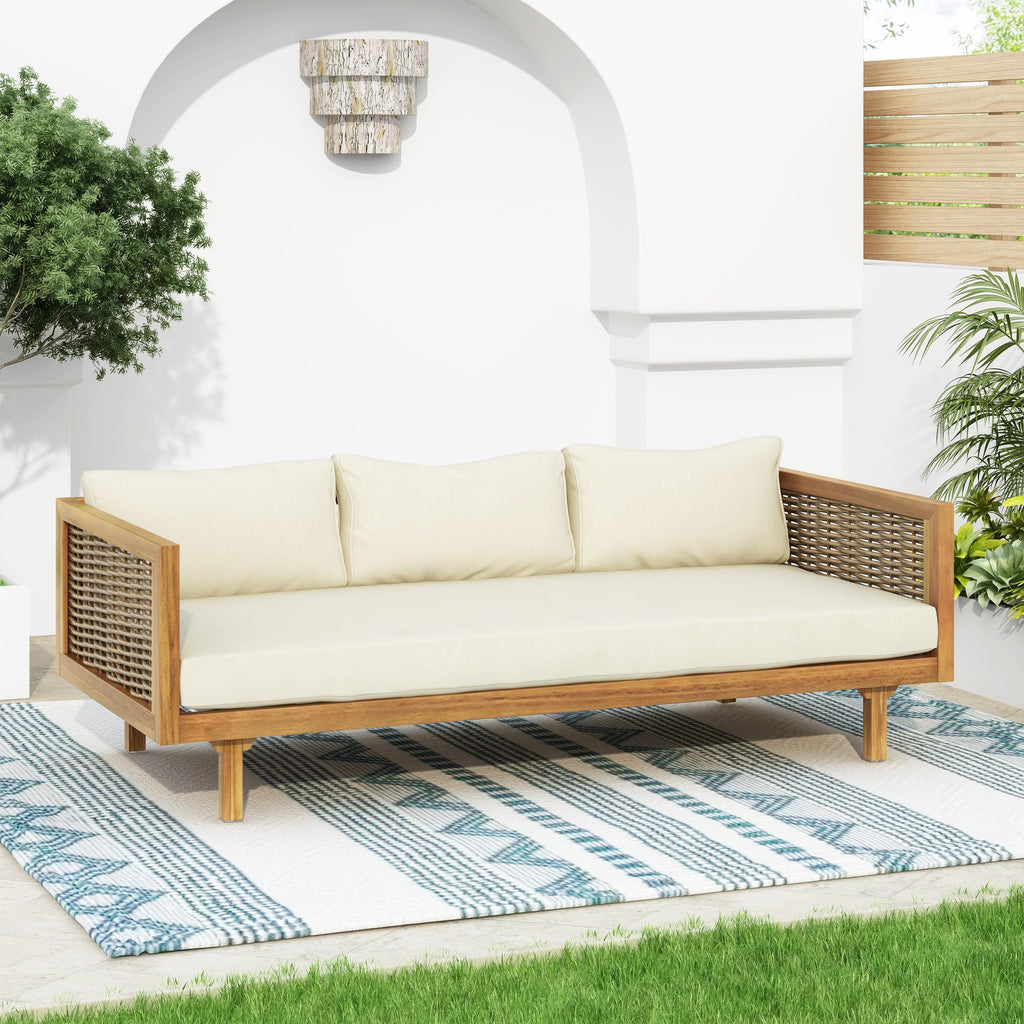 3 Seater Acacia Wood Daybed with Rattan Arms Beige Cushion