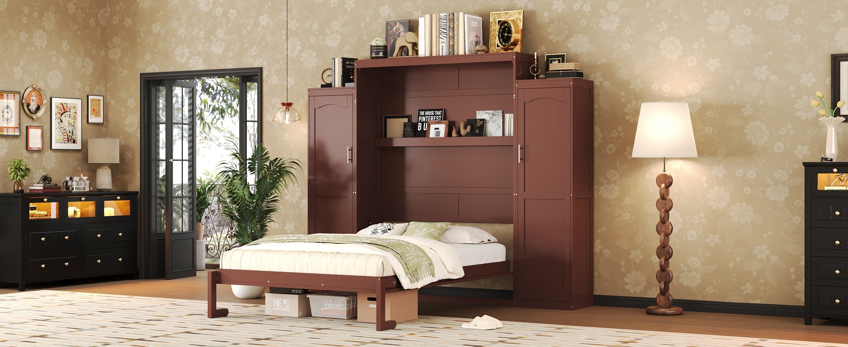 Wooden Queen Wall Bed with 2 Wardrobe and Storage Shelf