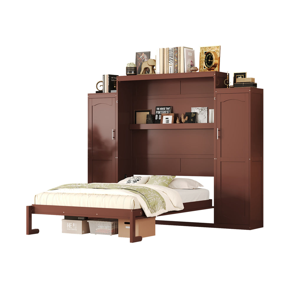 Wooden Queen Wall Bed with 2 Wardrobe and Storage Shelf