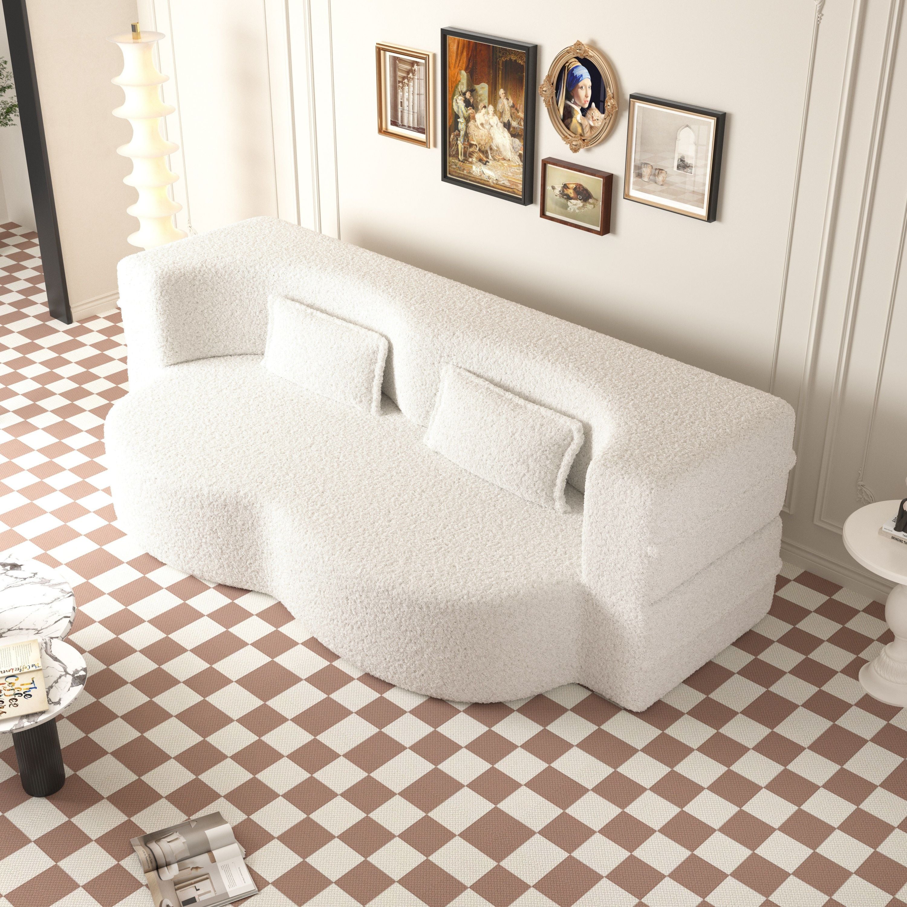Modern Convertible Teddy Fabric Sofa with 2 Pillows