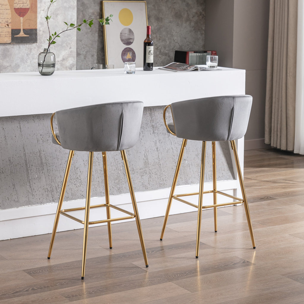 Velvet Bar Stools with Chrome Footrest and Base（Set of 2)