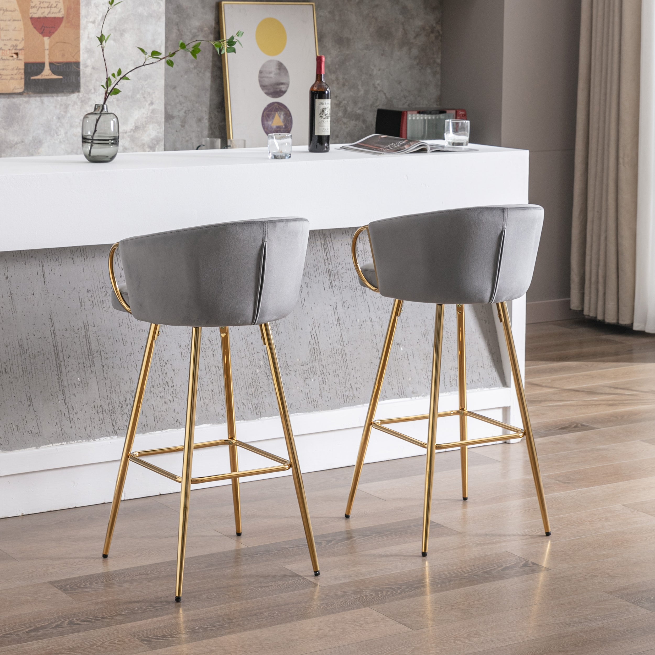 Velvet Bar Stools with Chrome Footrest and Base（Set of 2)