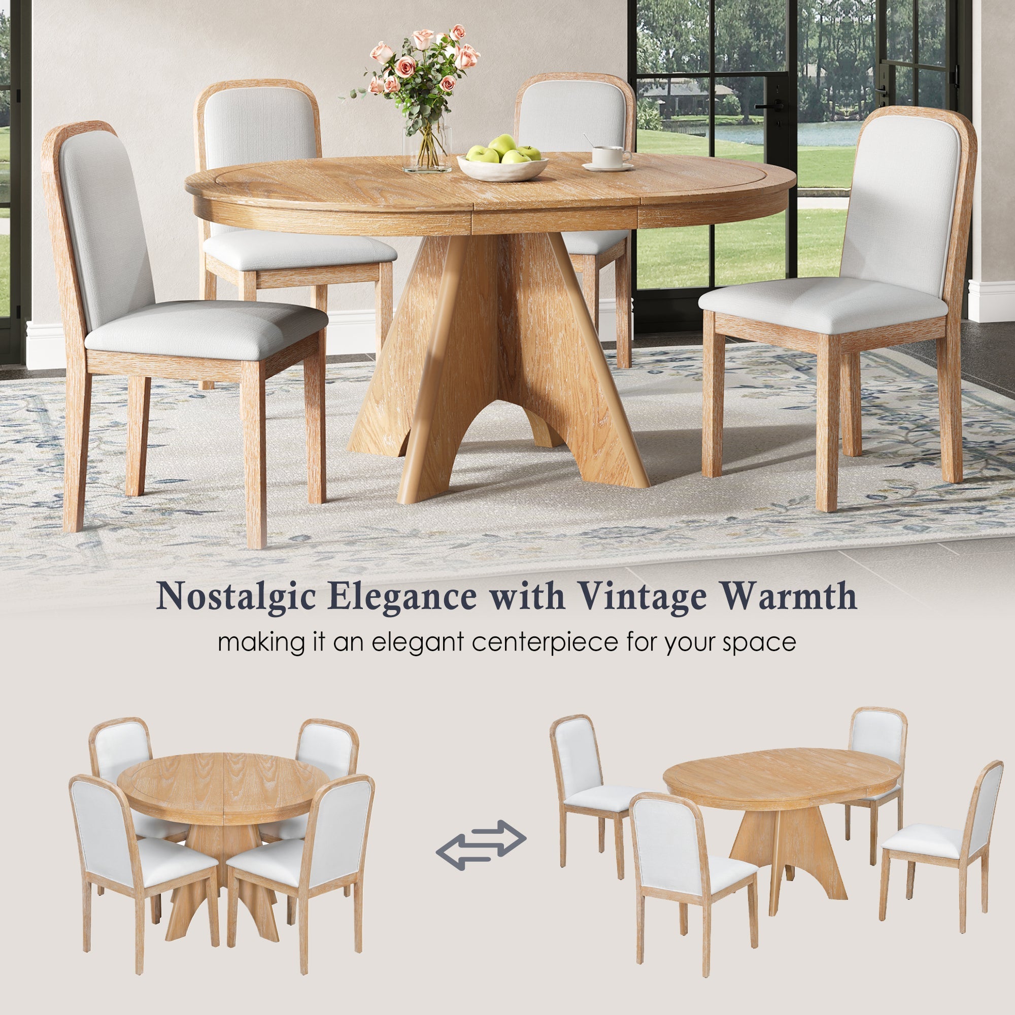 Vintage Extendable Dining Table Set with 4 Upholstered Chairs